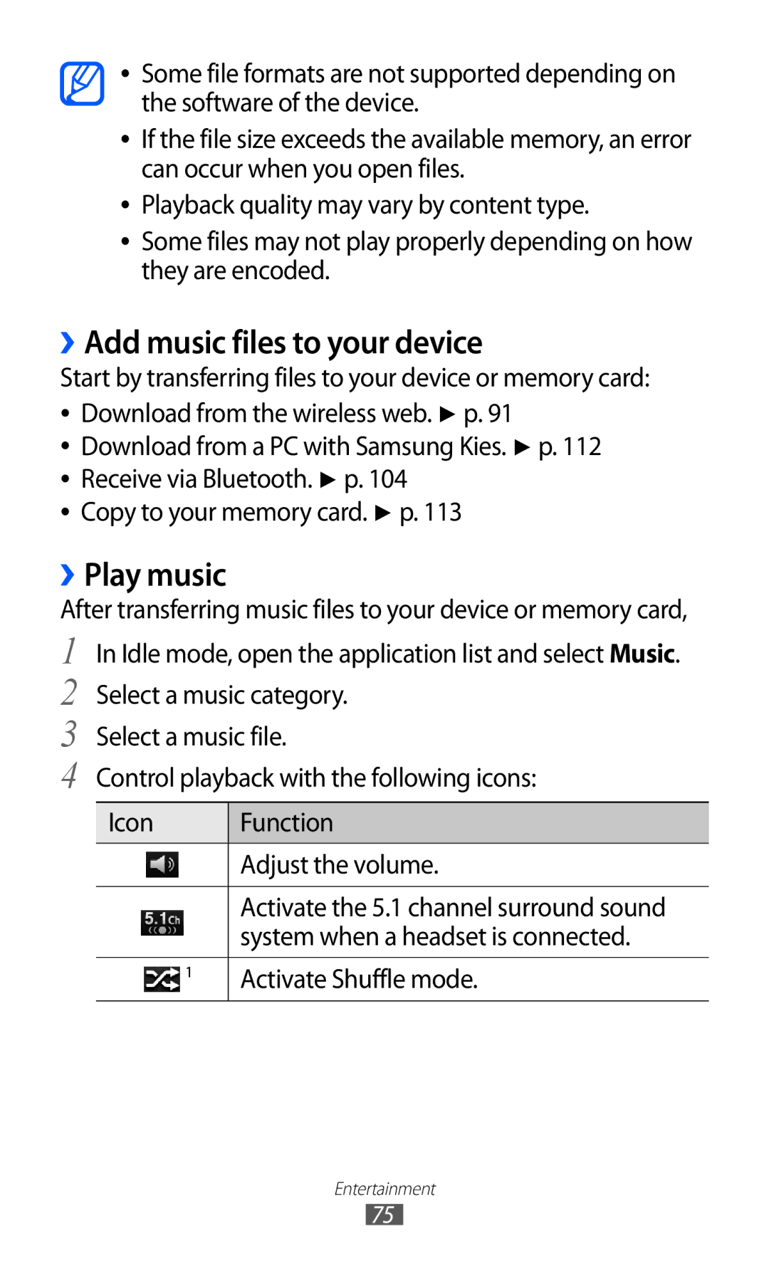 Samsung GT-I9100RWGXEF, GT-I9100LKGDBT, GT-I9100RWGDBT, GT-I9100LKGXEF manual ››Add music files to your device, ››Play music 