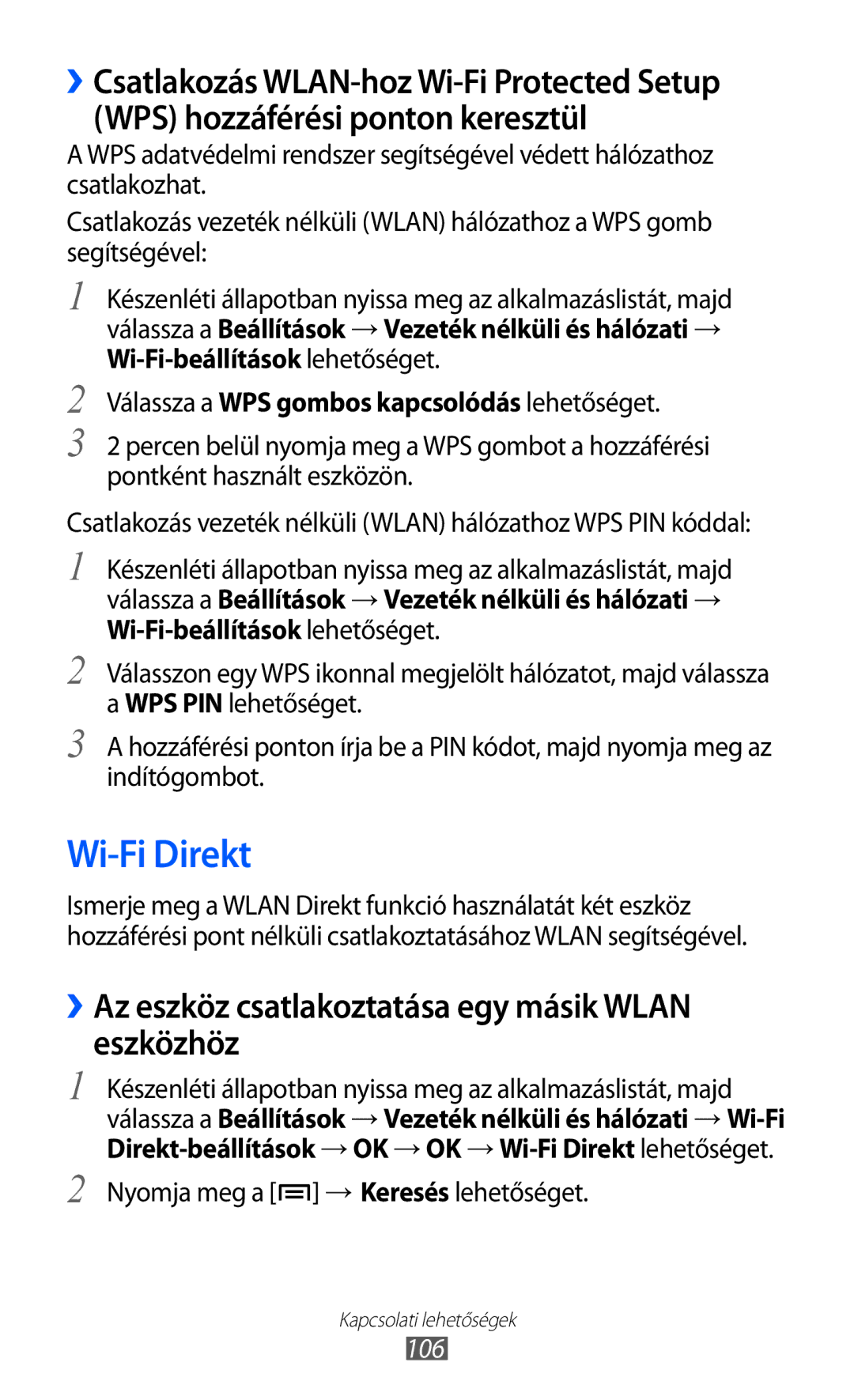 Samsung GT-I9100LKGXEH, GT-I9100LKGDBT manual Wi-Fi Direkt, ››Az eszköz csatlakoztatása egy másik Wlan eszközhöz, 106 