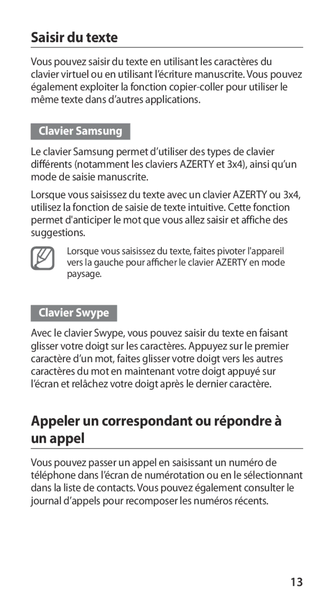 Samsung GT-I9100RWGXEF Saisir du texte, Appeler un correspondant ou répondre à un appel, Clavier Samsung, Clavier Swype 