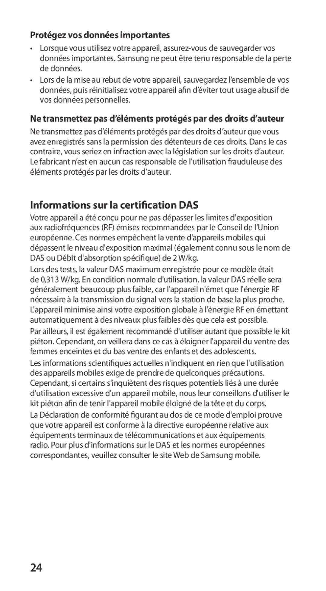 Samsung GT-I9100LKGXEF, GT-I9100RWGXEF manual Informations sur la certification DAS, Protégez vos données importantes 