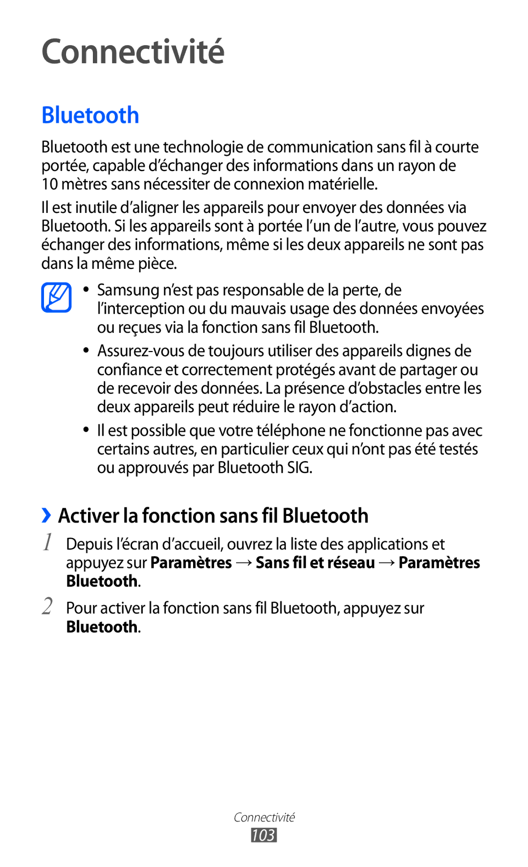 Samsung GT-I9100RWGXEF, GT-I9100LKGXEF, GT-I9100OIGXEF manual Connectivité, ››Activer la fonction sans fil Bluetooth, 103 