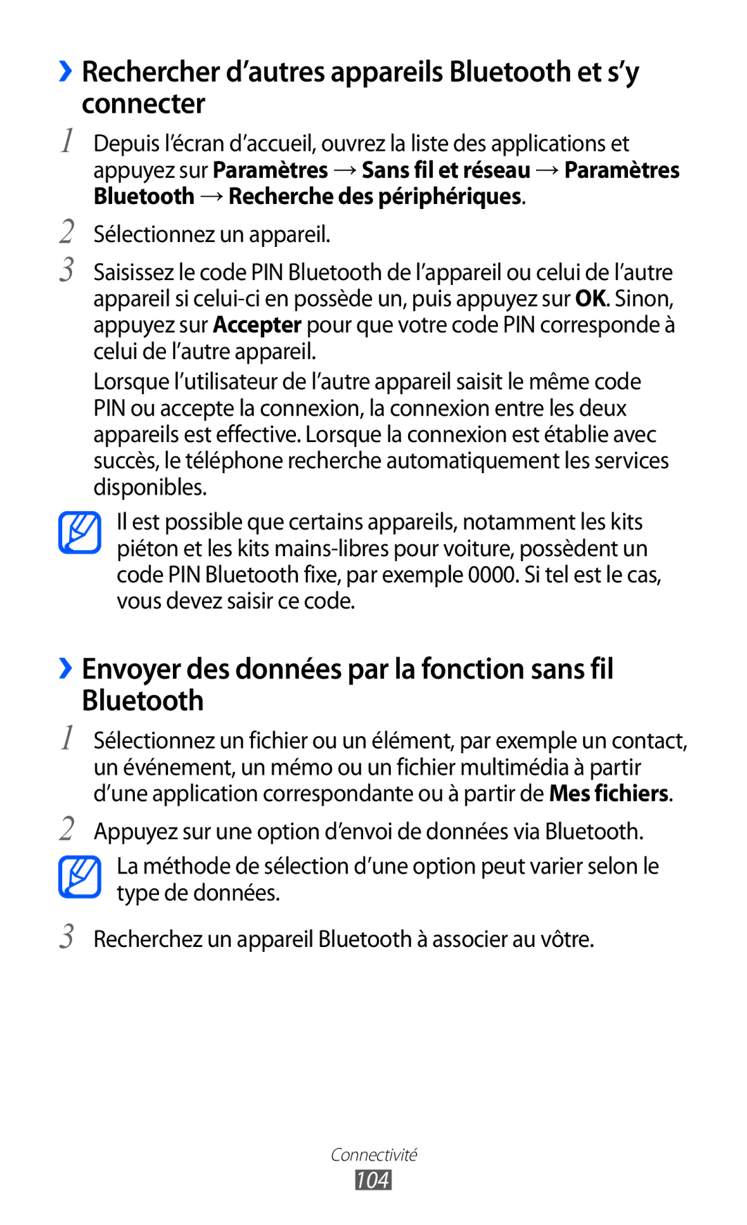 Samsung GT-I9100OIGXEF manual ››Rechercher d’autres appareils Bluetooth et s’y connecter, Sélectionnez un appareil, 104 