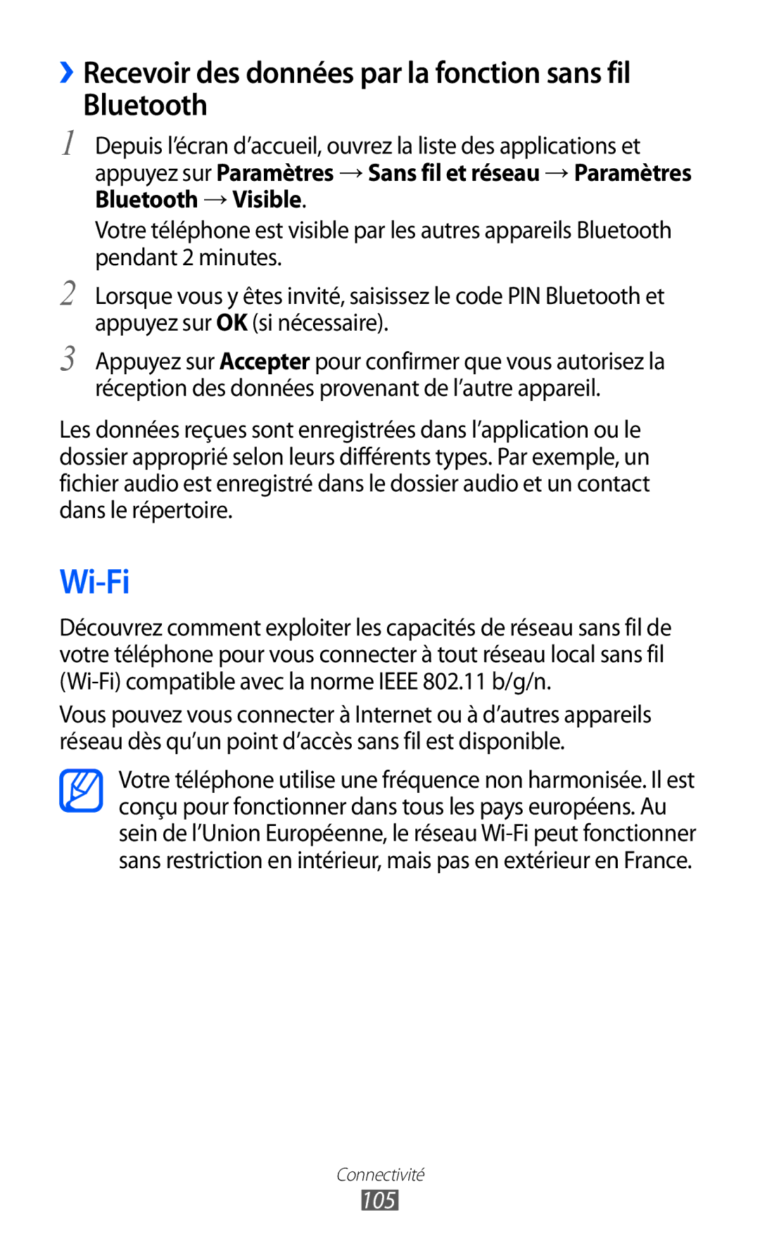 Samsung GT-I9100LKGXEF, GT-I9100RWGXEF manual Wi-Fi, ››Recevoir des données par la fonction sans fil Bluetooth, 105 