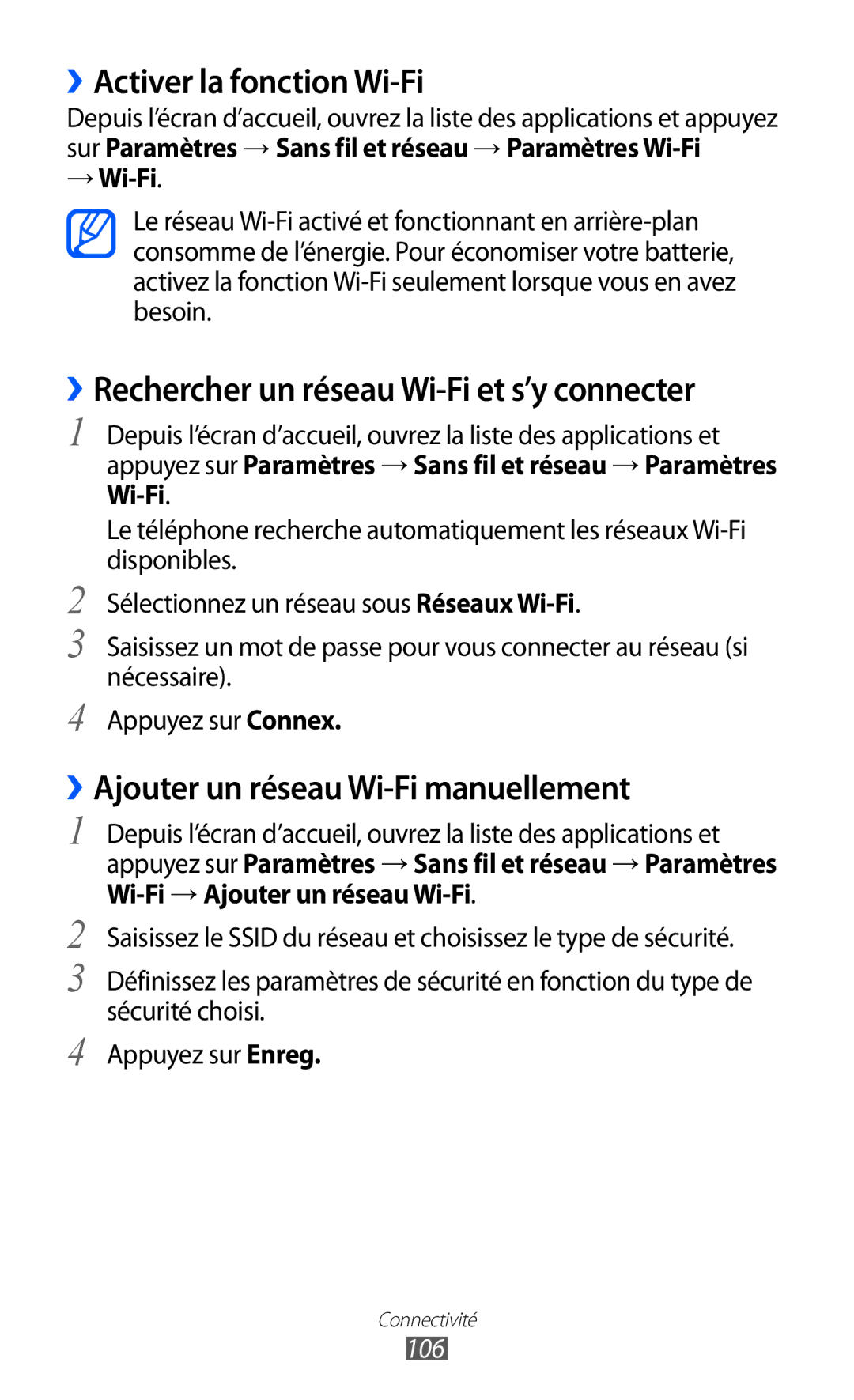 Samsung GT-I9100RWGXEF, GT-I9100LKGXEF ››Activer la fonction Wi-Fi, ››Rechercher un réseau Wi-Fi et s’y connecter, 106 