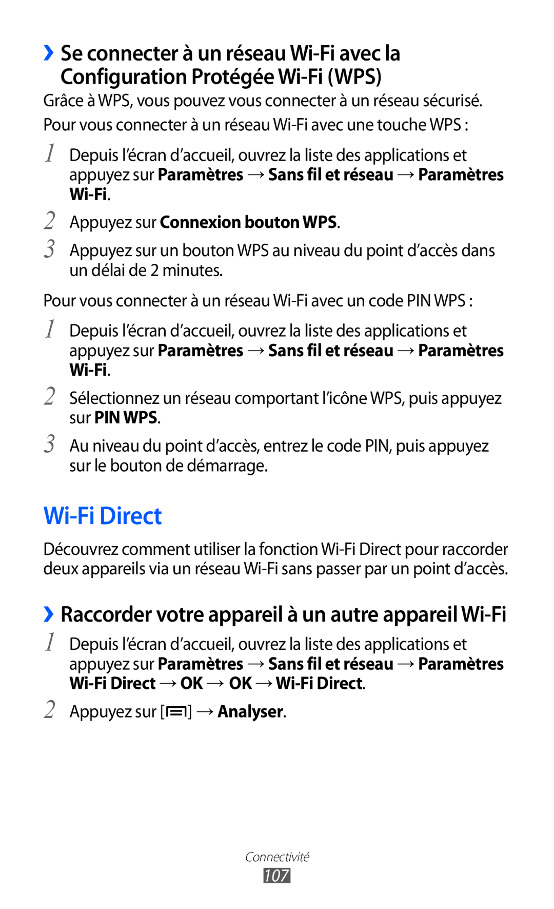 Samsung GT-I9100OIGXEF, GT-I9100LKGXEF manual Wi-Fi Direct, Appuyez sur Connexion bouton WPS, Appuyez sur → Analyser, 107 