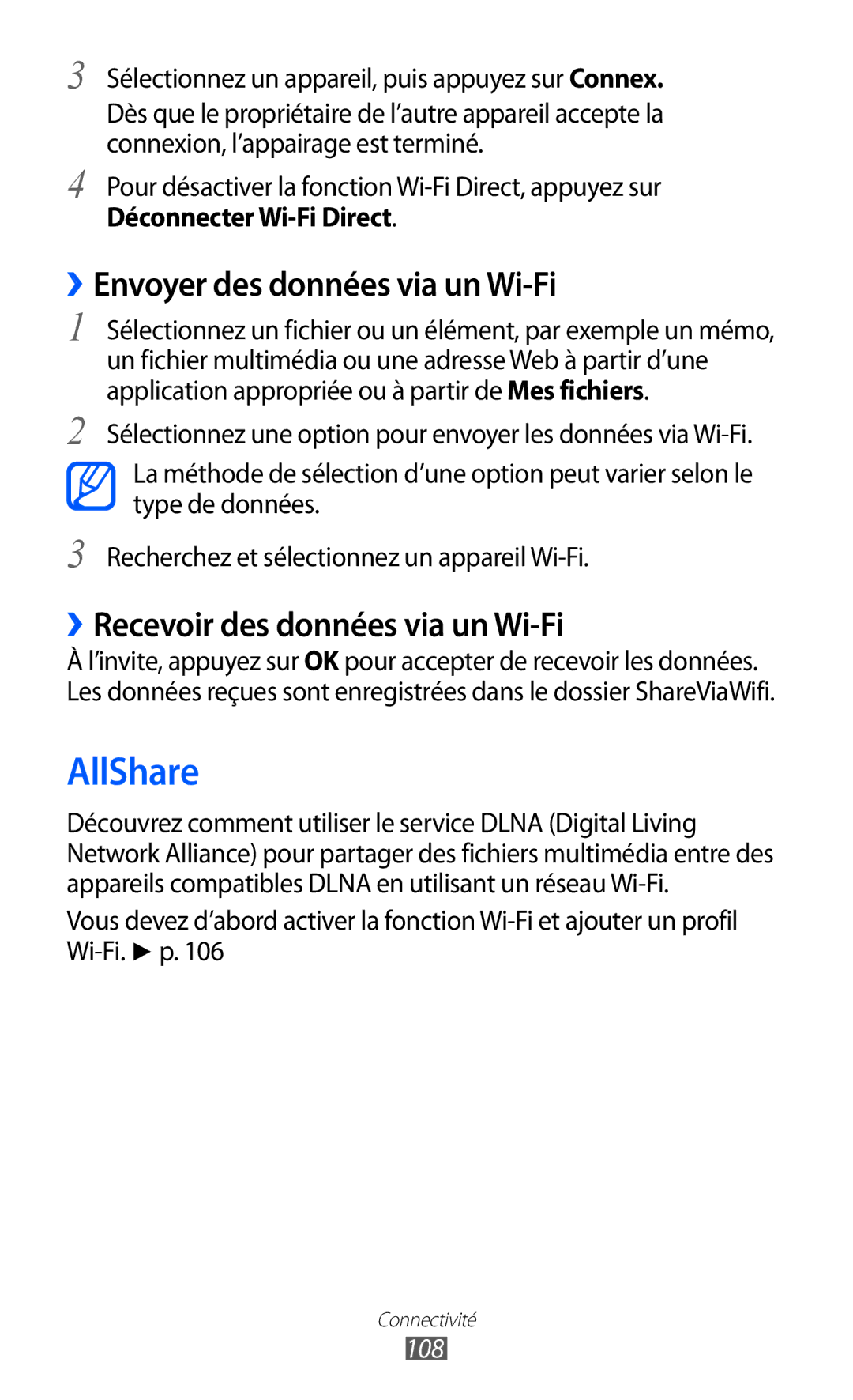 Samsung GT-I9100LKGXEF manual AllShare, ››Envoyer des données via un Wi-Fi, ››Recevoir des données via un Wi-Fi, 108 