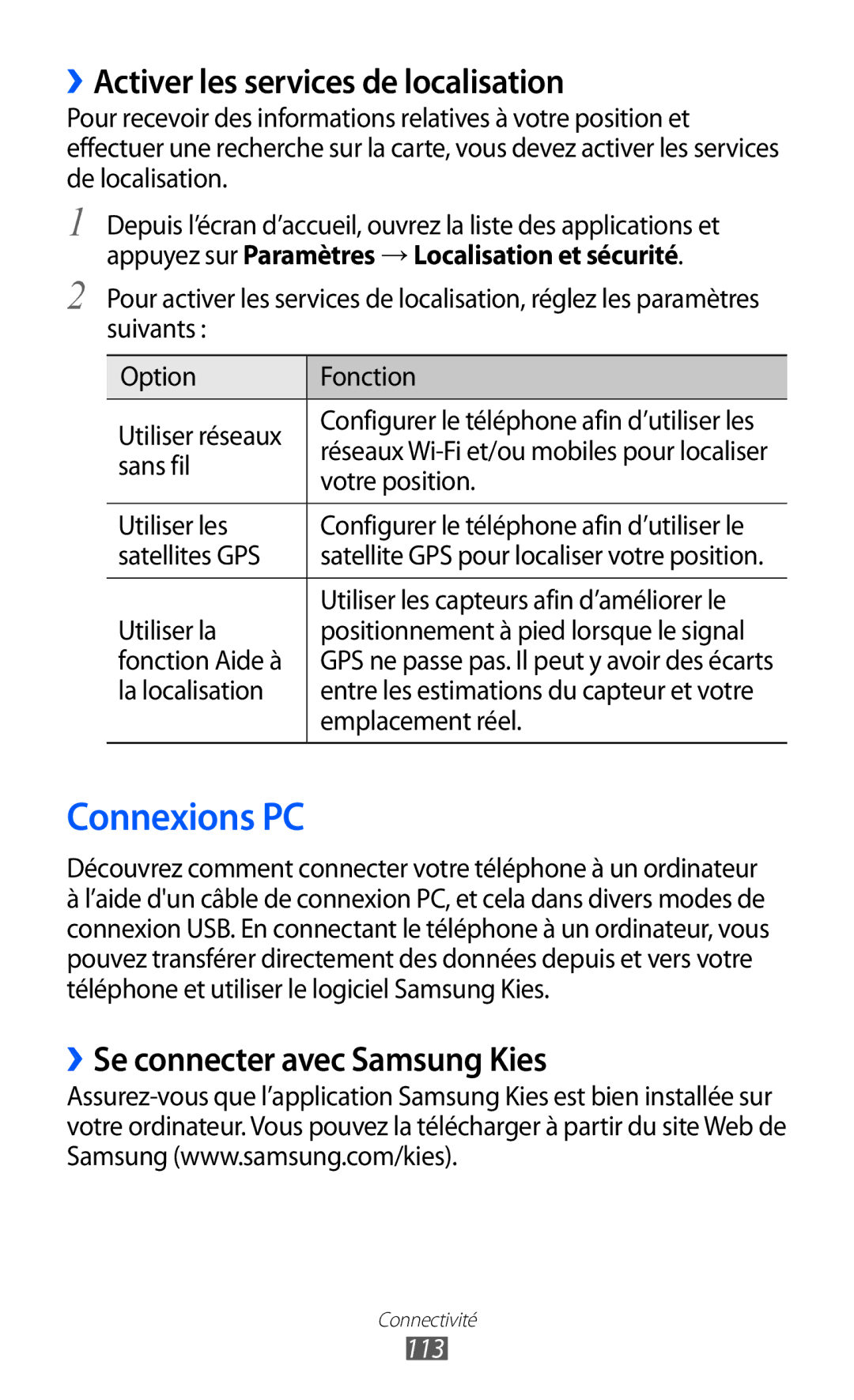 Samsung GT-I9100OIGXEF manual Connexions PC, ››Activer les services de localisation, ››Se connecter avec Samsung Kies, 113 