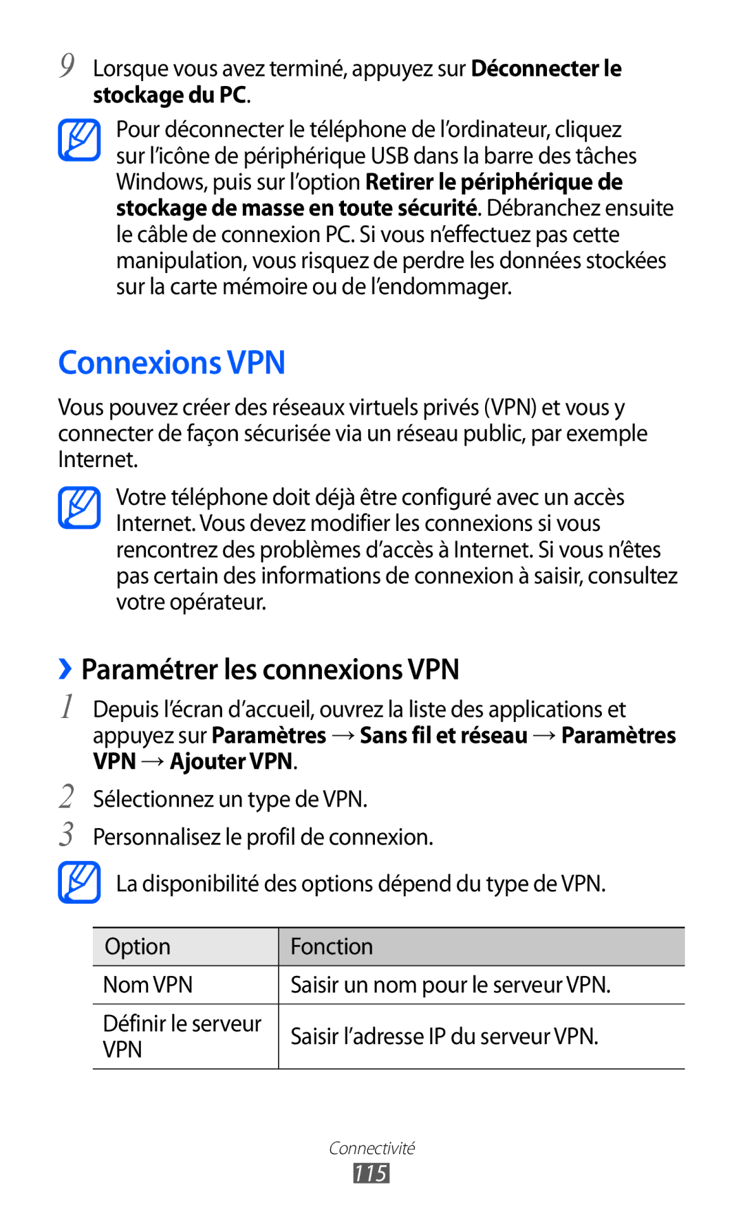 Samsung GT-I9100RWGXEF manual Connexions VPN, ››Paramétrer les connexions VPN, Saisir l’adresse IP du serveur VPN, 115 