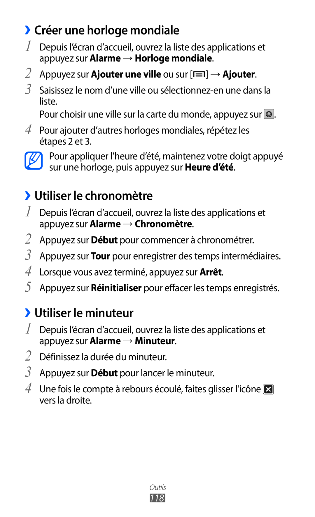 Samsung GT-I9100RWGXEF manual ››Créer une horloge mondiale, ››Utiliser le chronomètre, ››Utiliser le minuteur, 118 