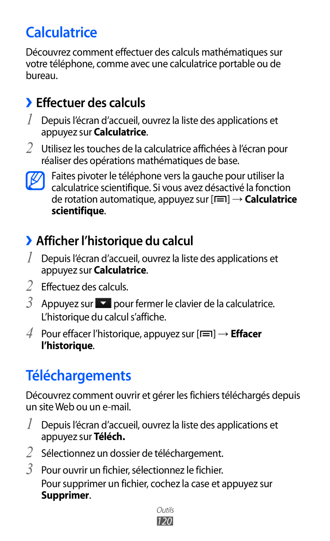 Samsung GT-I9100LKGXEF manual Calculatrice, Téléchargements, ››Effectuer des calculs, ››Afficher l’historique du calcul 