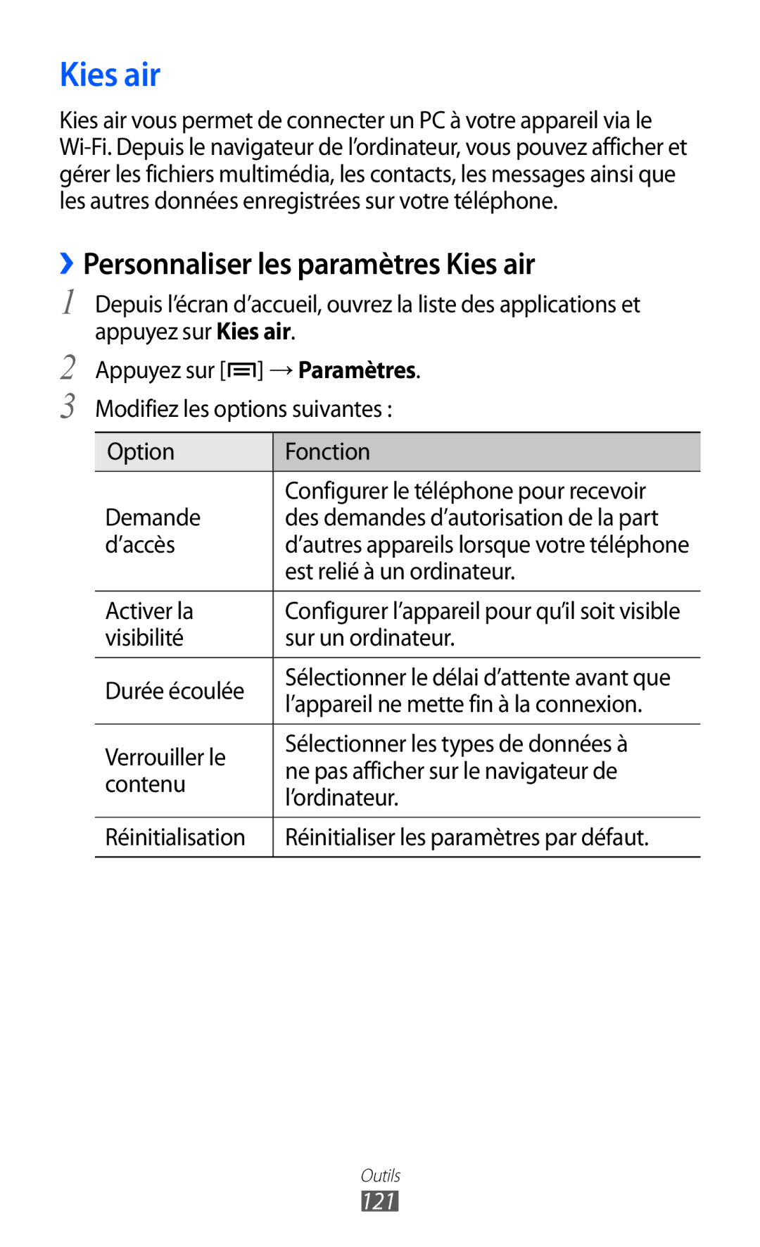 Samsung GT-I9100RWGXEF, GT-I9100LKGXEF, GT-I9100OIGXEF manual ››Personnaliser les paramètres Kies air, 121 