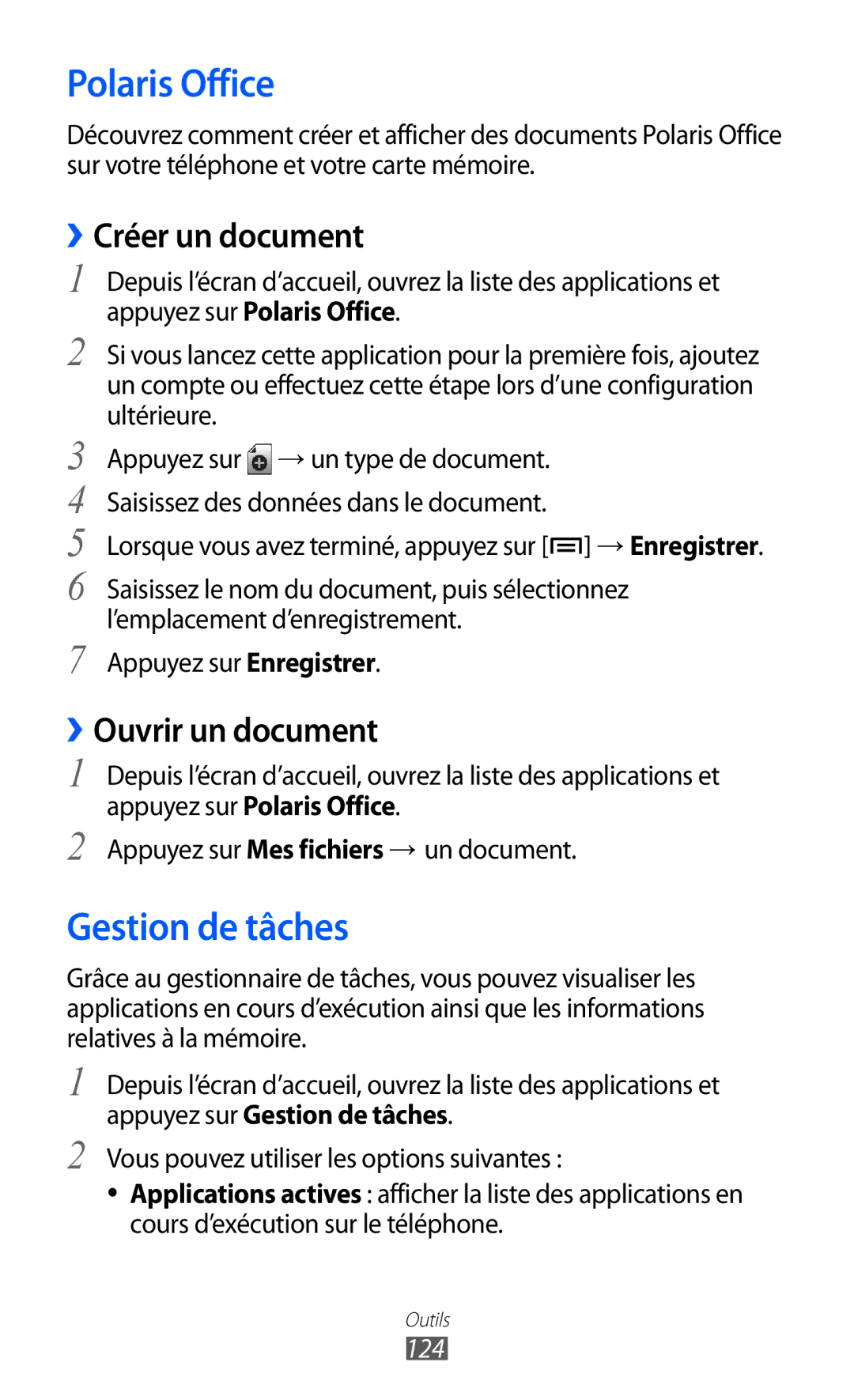 Samsung GT-I9100RWGXEF, GT-I9100LKGXEF Polaris Office, Gestion de tâches, ››Créer un document, ››Ouvrir un document, 124 