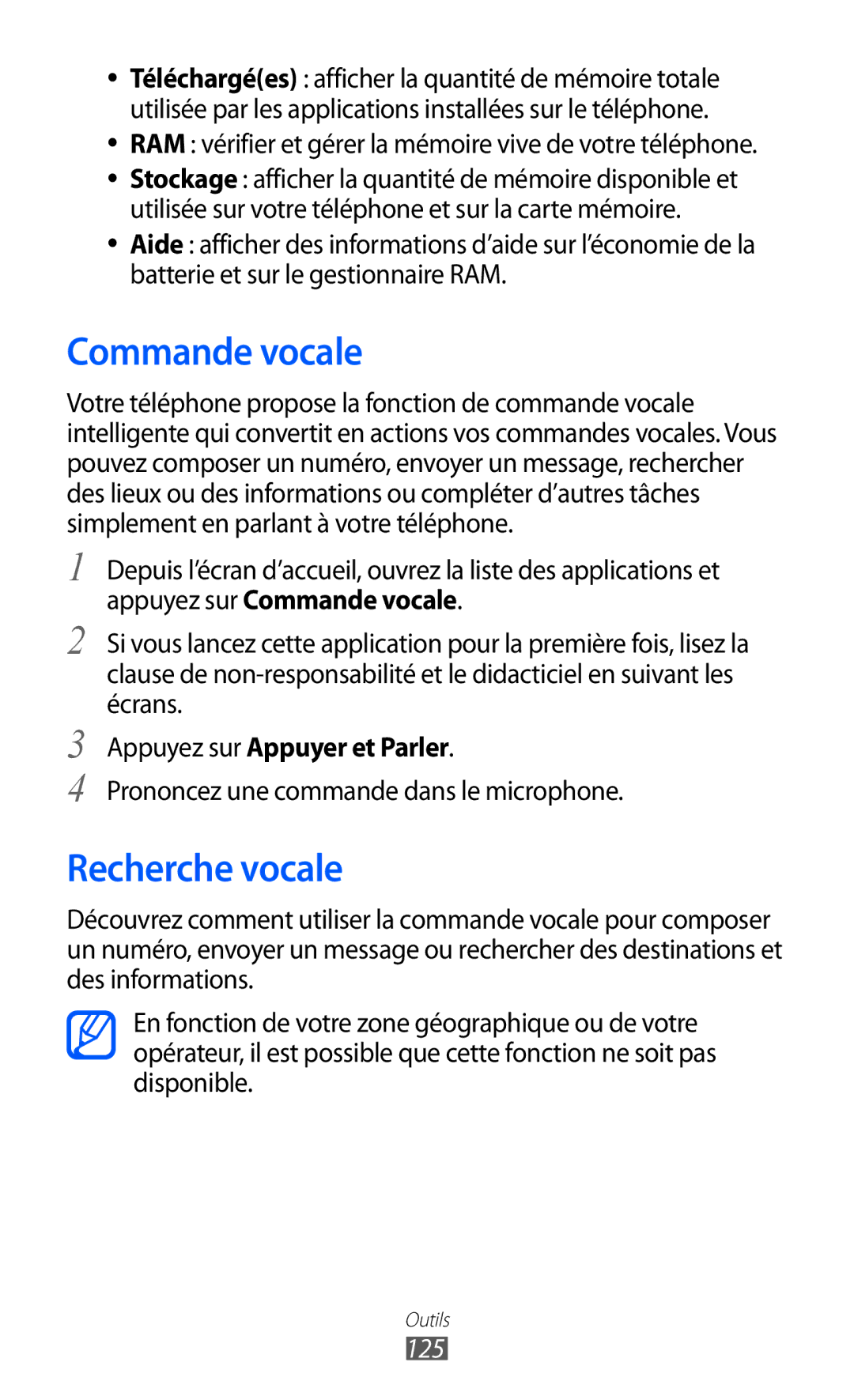 Samsung GT-I9100OIGXEF, GT-I9100LKGXEF manual Commande vocale, Recherche vocale, Appuyez sur Appuyer et Parler, 125 