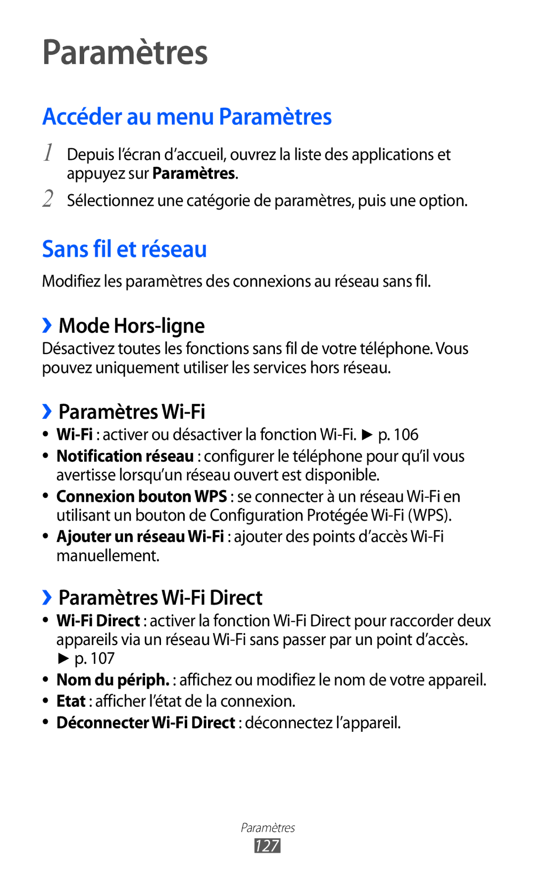 Samsung GT-I9100RWGXEF, GT-I9100LKGXEF, GT-I9100OIGXEF manual Accéder au menu Paramètres, Sans fil et réseau 