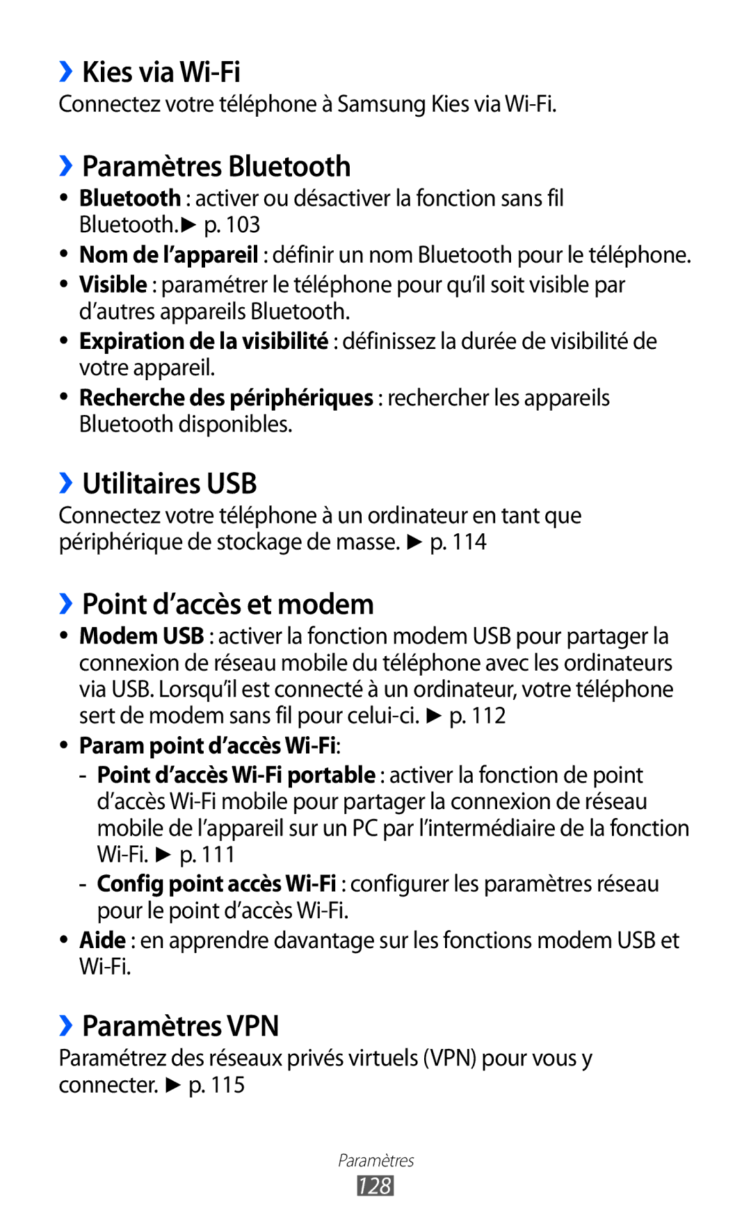 Samsung GT-I9100OIGXEF manual ››Kies via Wi-Fi, ››Paramètres Bluetooth, ››Utilitaires USB, ››Point d’accès et modem 