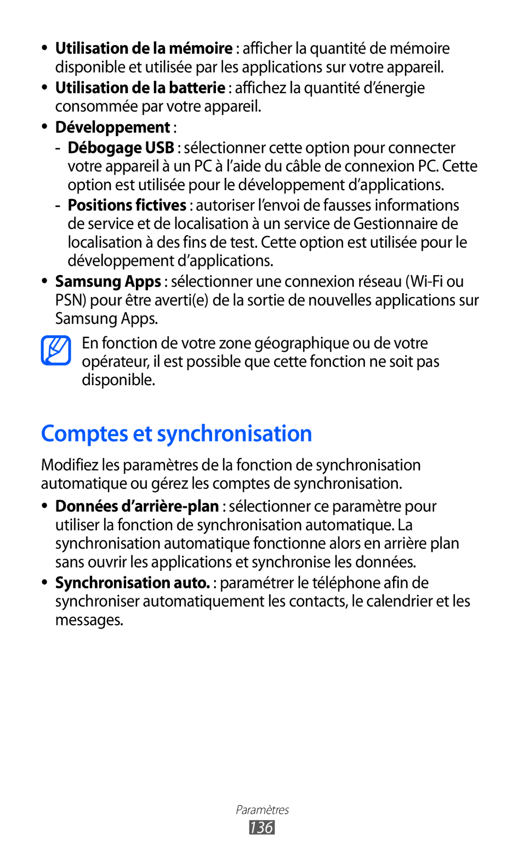 Samsung GT-I9100RWGXEF, GT-I9100LKGXEF, GT-I9100OIGXEF manual Comptes et synchronisation, Développement, 136 