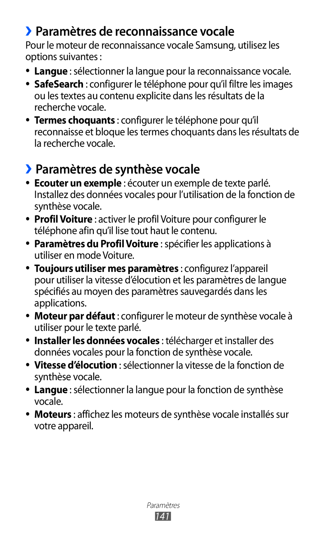 Samsung GT-I9100LKGXEF, GT-I9100RWGXEF manual ››Paramètres de reconnaissance vocale, ››Paramètres de synthèse vocale, 141 