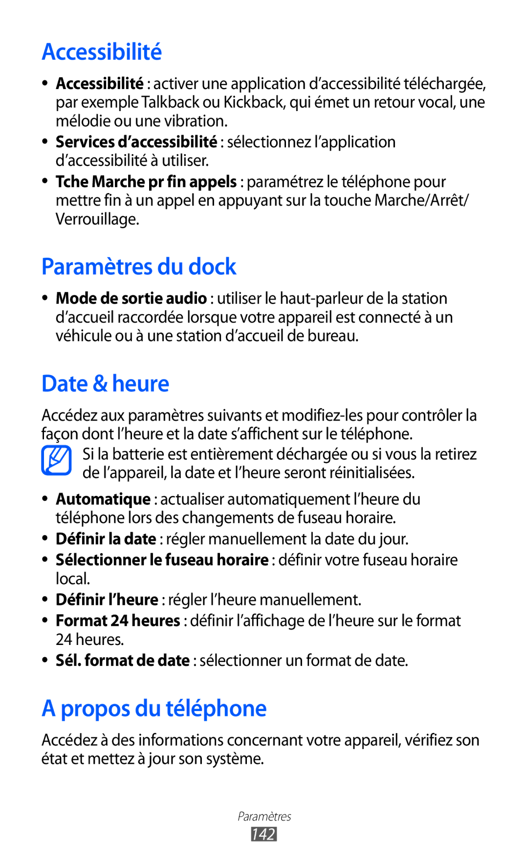 Samsung GT-I9100RWGXEF, GT-I9100LKGXEF manual Accessibilité, Paramètres du dock, Date & heure, Propos du téléphone, 142 