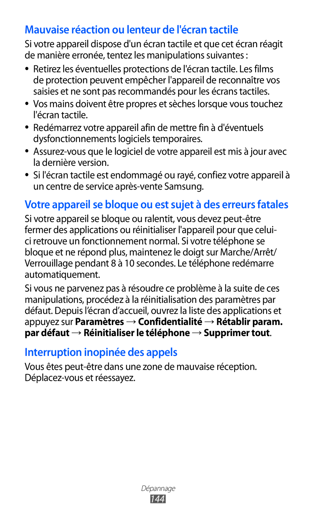 Samsung GT-I9100LKGXEF, GT-I9100RWGXEF, GT-I9100OIGXEF manual Mauvaise réaction ou lenteur de lécran tactile, 144 
