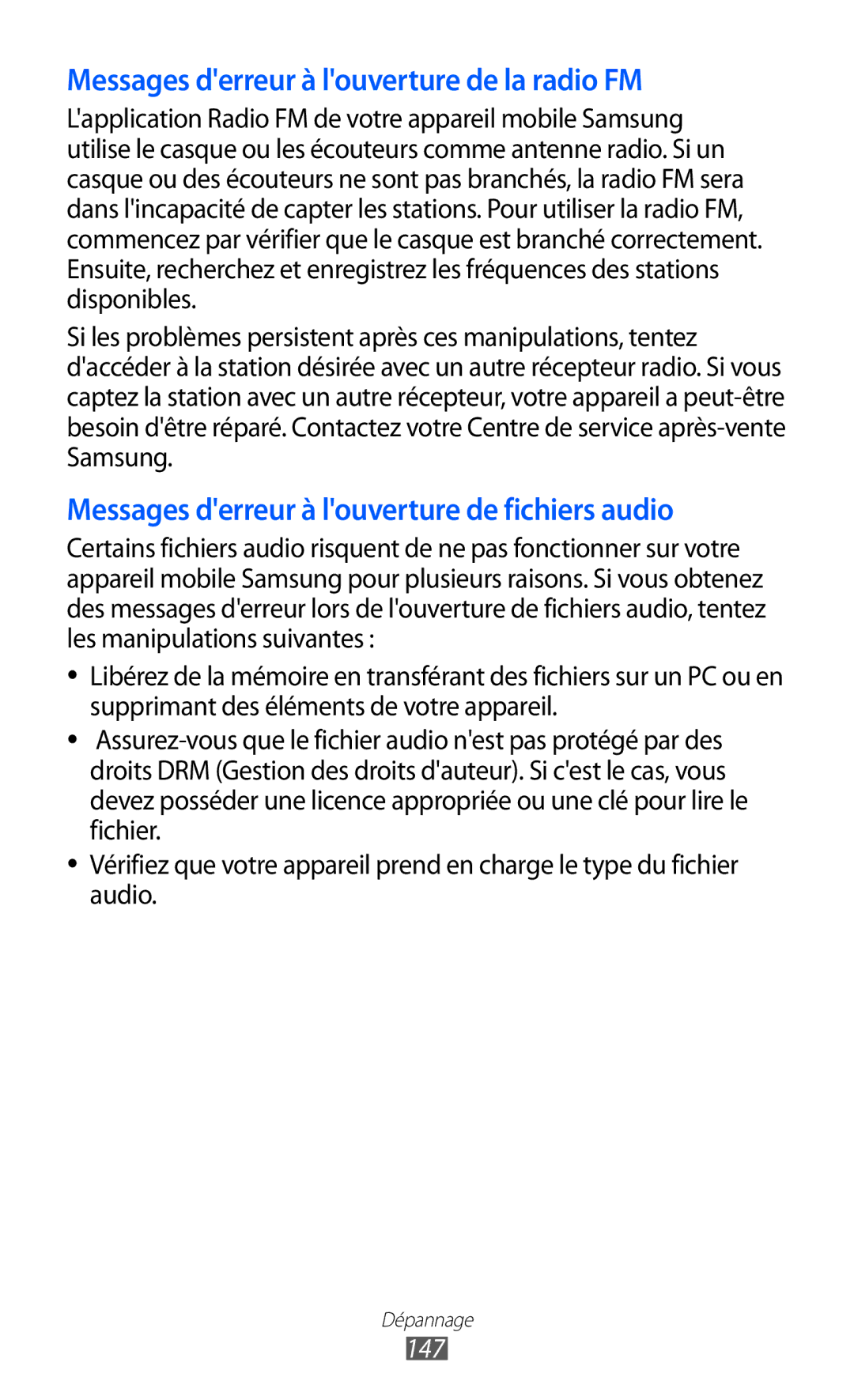 Samsung GT-I9100LKGXEF, GT-I9100RWGXEF, GT-I9100OIGXEF manual Messages derreur à louverture de la radio FM, 147 