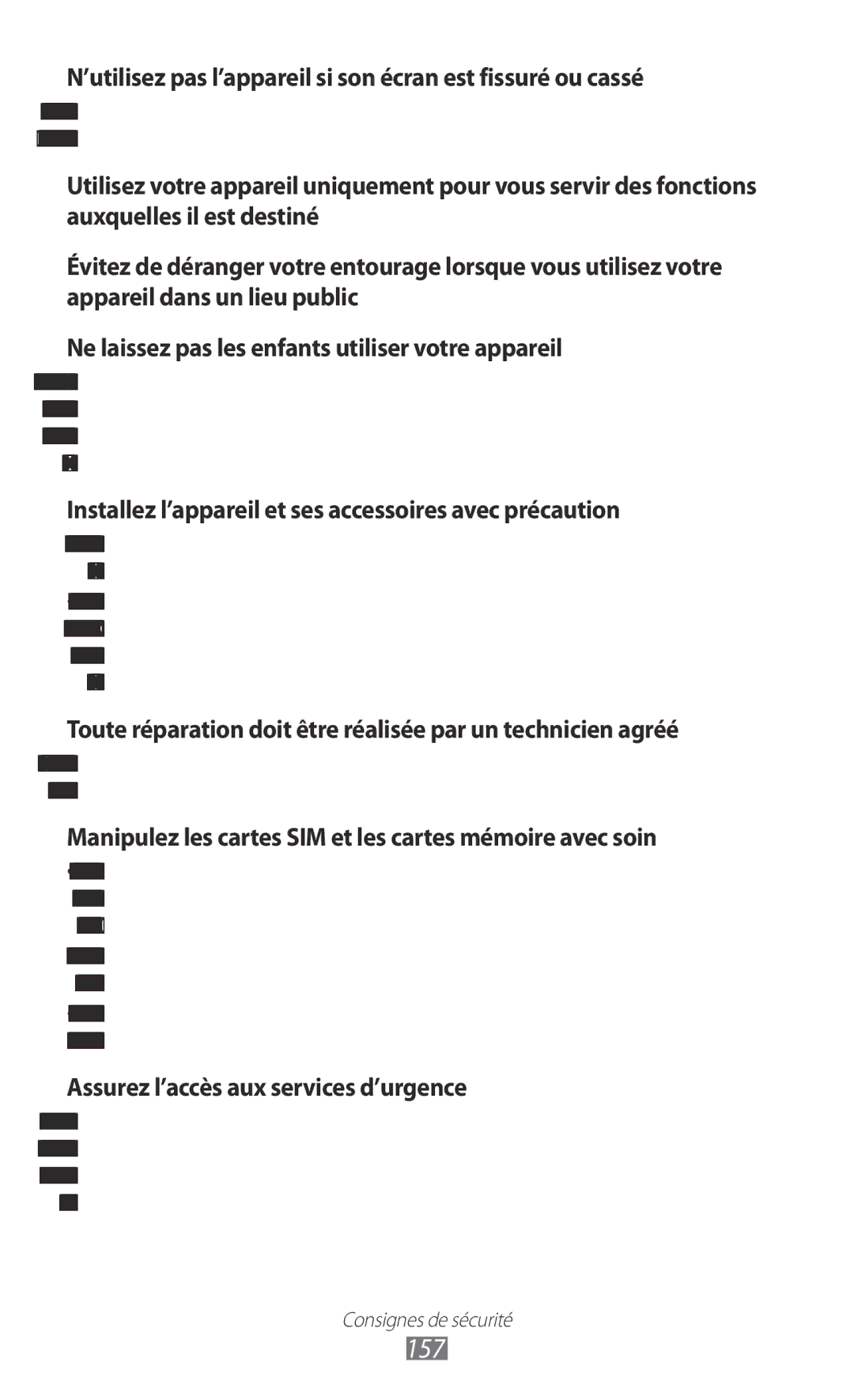 Samsung GT-I9100RWGXEF, GT-I9100LKGXEF, GT-I9100OIGXEF manual 157, ’utilisez pas l’appareil si son écran est fissuré ou cassé 