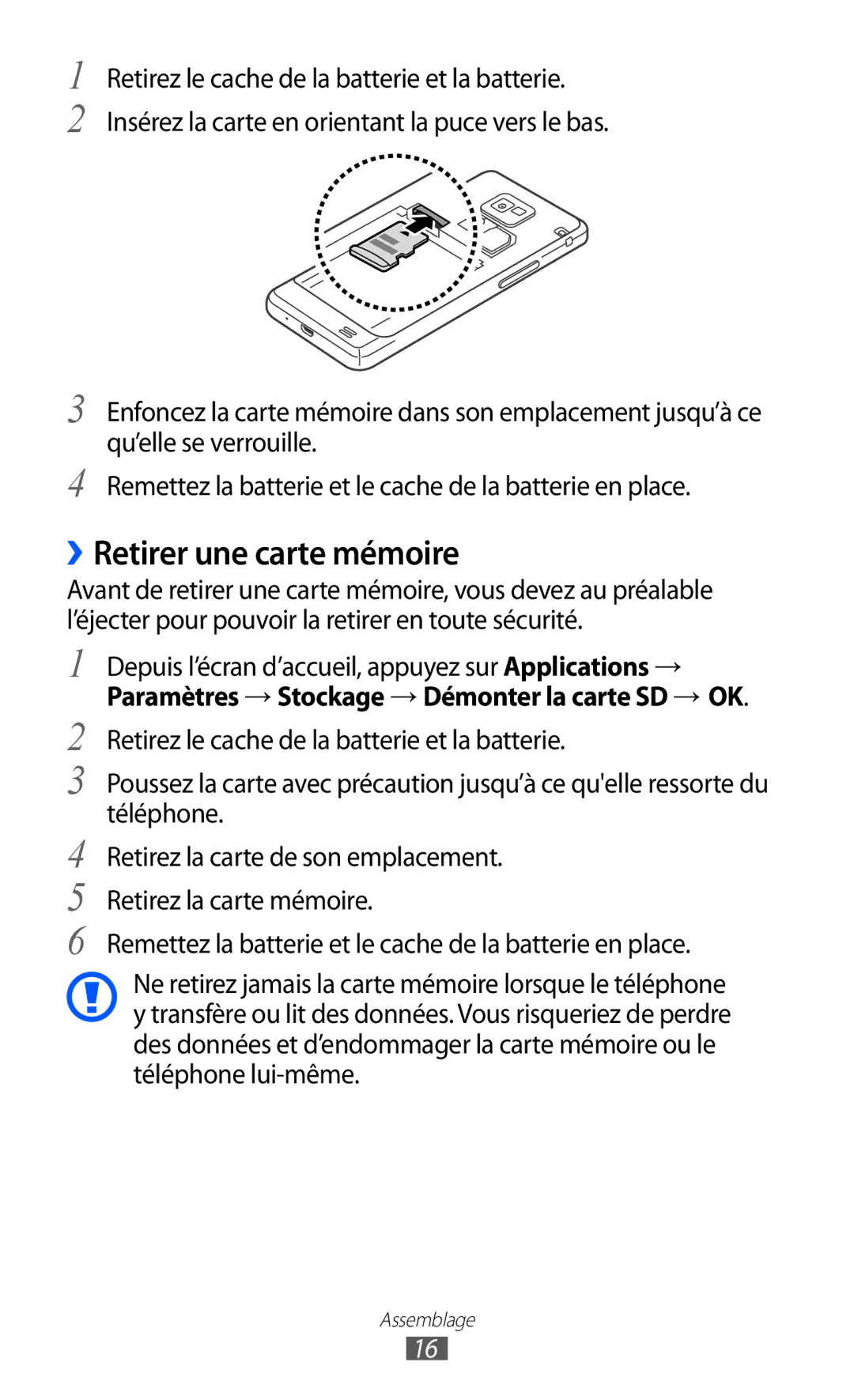 Samsung GT-I9100RWGXEF manual ››Retirer une carte mémoire, Remettez la batterie et le cache de la batterie en place 