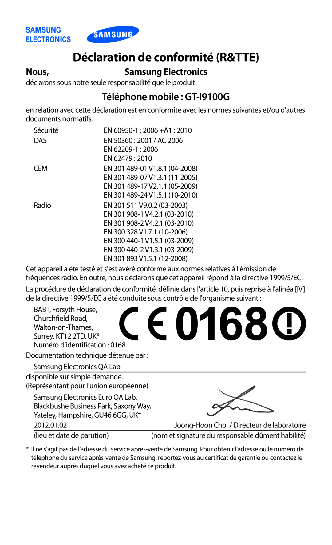 Samsung GT-I9100RWGXEF, GT-I9100LKGXEF, GT-I9100OIGXEF manual Déclaration de conformité R&TTE, Téléphone mobile GT-I9100G 