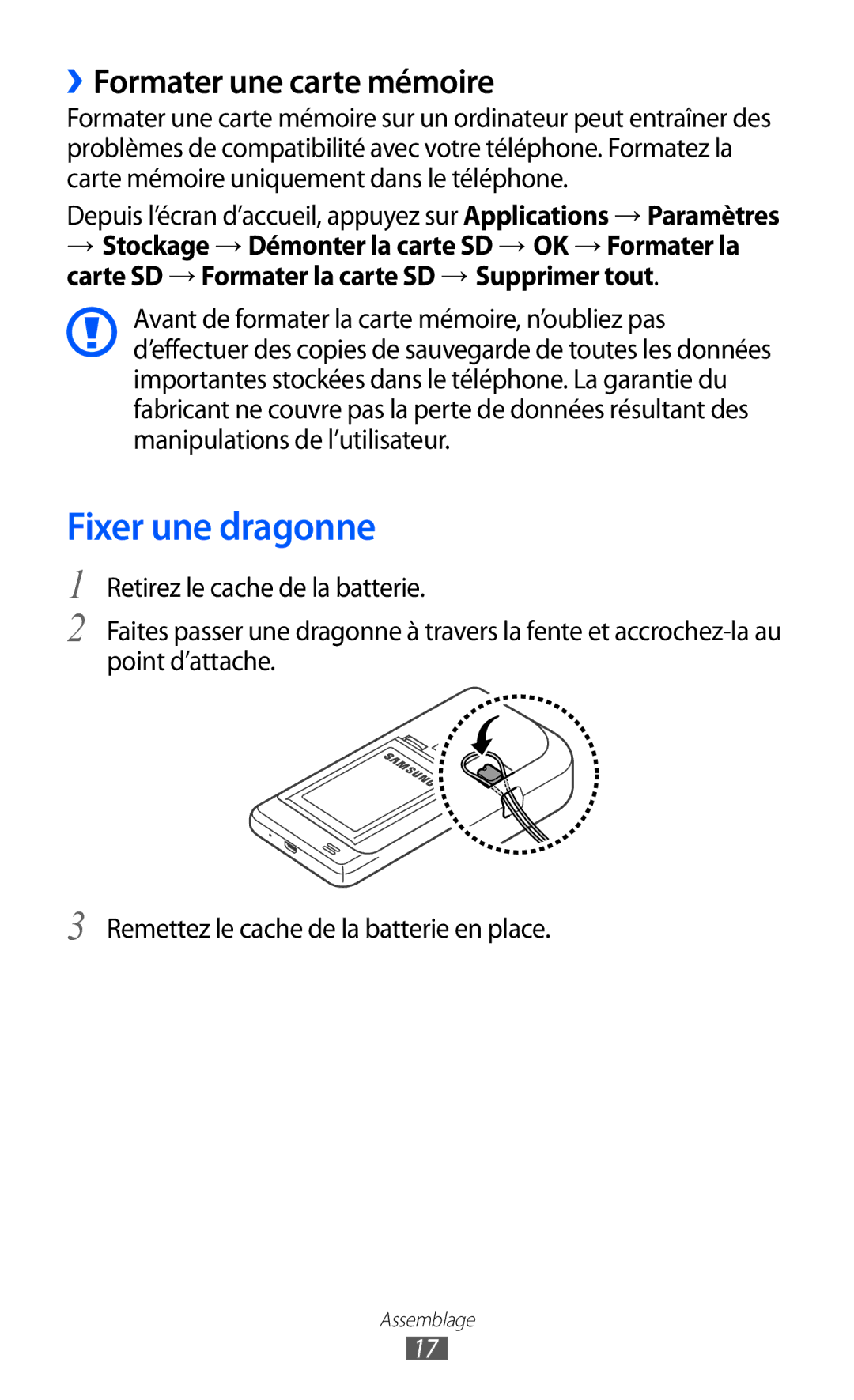 Samsung GT-I9100OIGXEF, GT-I9100LKGXEF, GT-I9100RWGXEF manual Fixer une dragonne, ››Formater une carte mémoire 