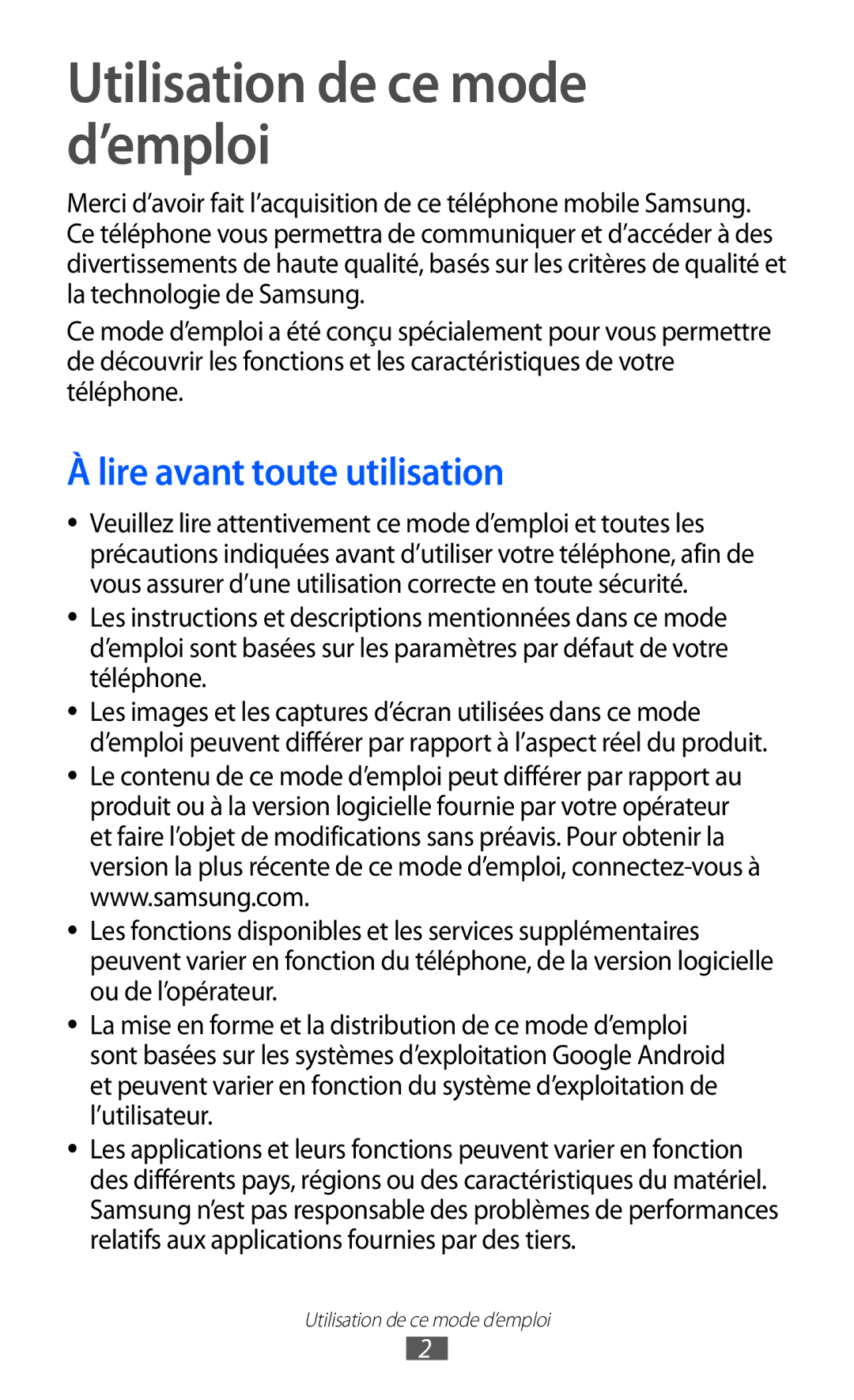 Samsung GT-I9100OIGXEF, GT-I9100LKGXEF, GT-I9100RWGXEF manual Utilisation de ce mode d’emploi, Lire avant toute utilisation 