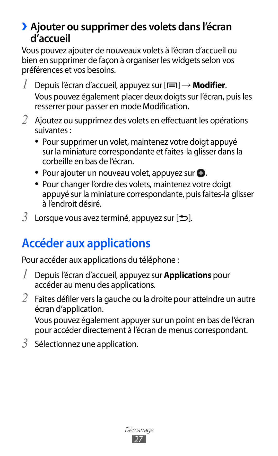 Samsung GT-I9100LKGXEF, GT-I9100RWGXEF Accéder aux applications, ››Ajouter ou supprimer des volets dans l’écran d’accueil 