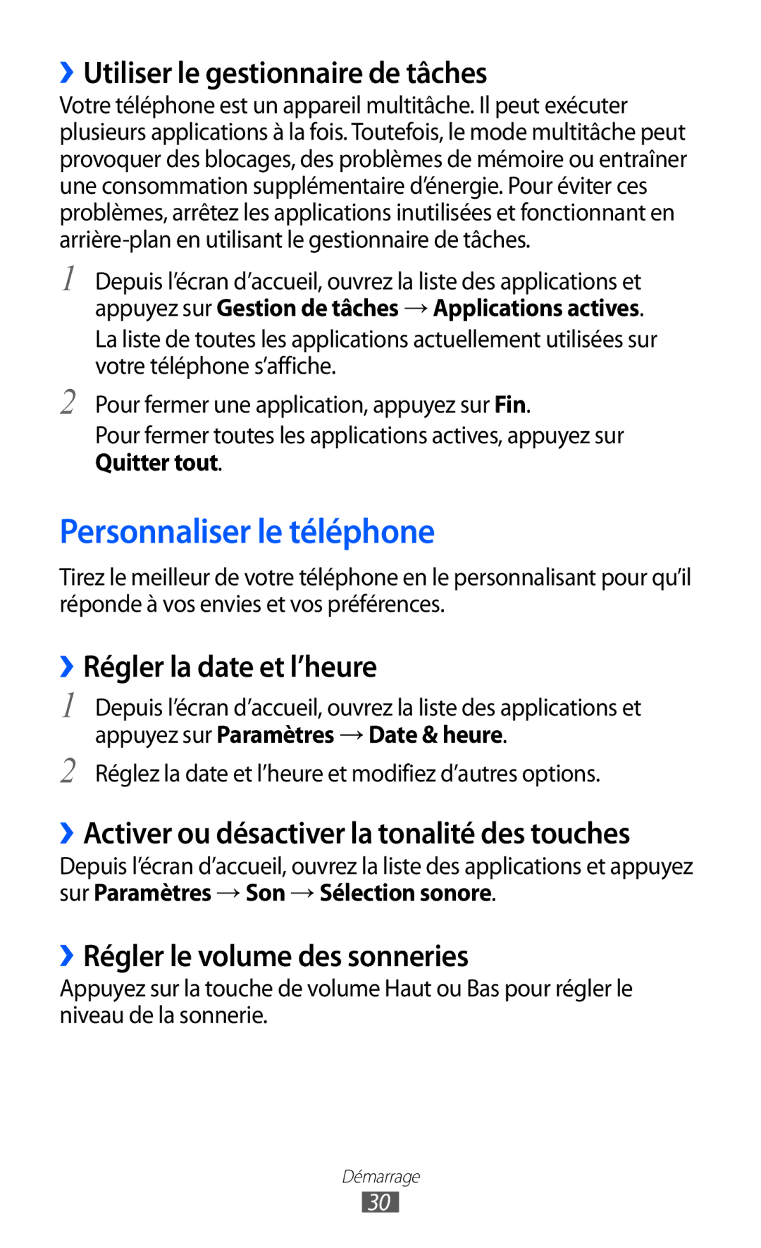 Samsung GT-I9100LKGXEF manual Personnaliser le téléphone, ››Utiliser le gestionnaire de tâches, ››Régler la date et l’heure 