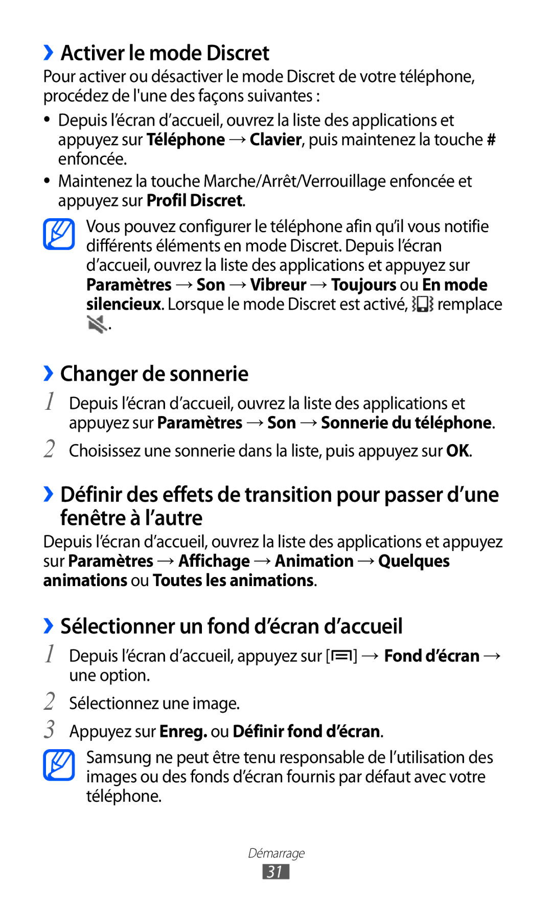 Samsung GT-I9100RWGXEF manual ››Activer le mode Discret, ››Changer de sonnerie, ››Sélectionner un fond d’écran d’accueil 