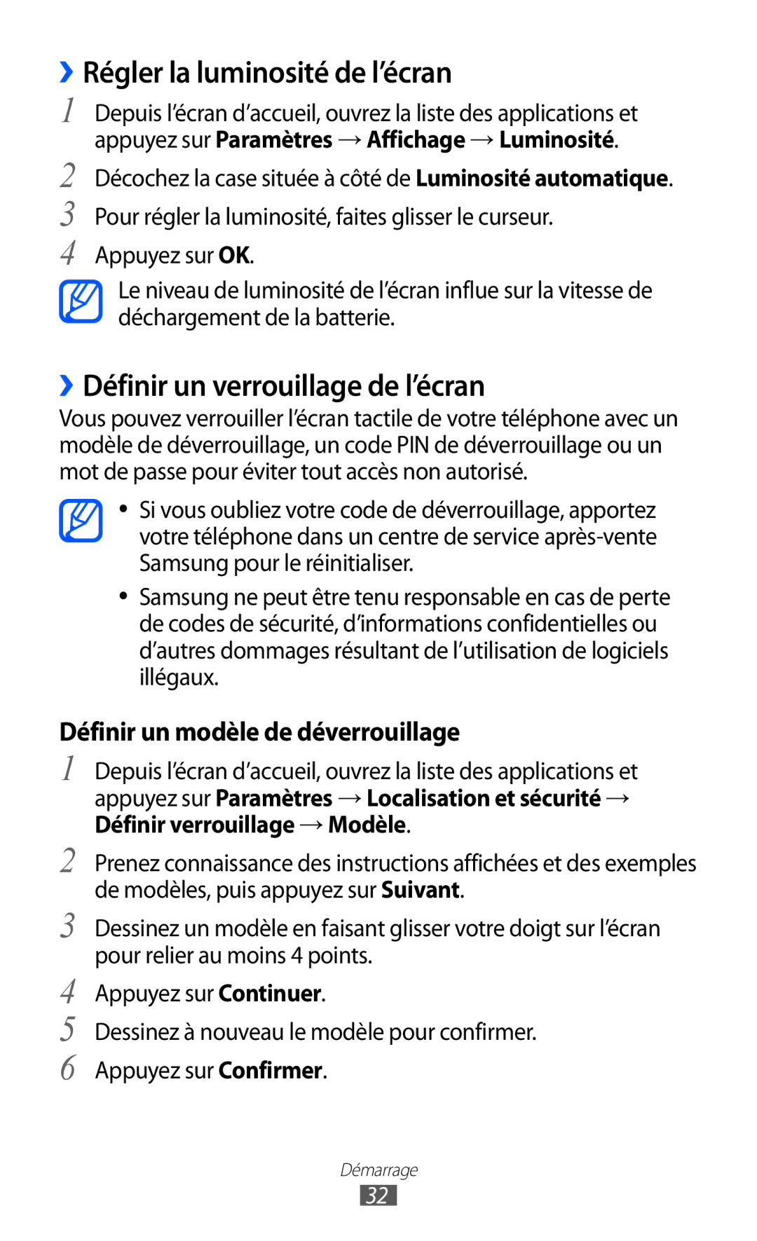 Samsung GT-I9100OIGXEF, GT-I9100LKGXEF manual ››Régler la luminosité de l’écran, ››Définir un verrouillage de l’écran 