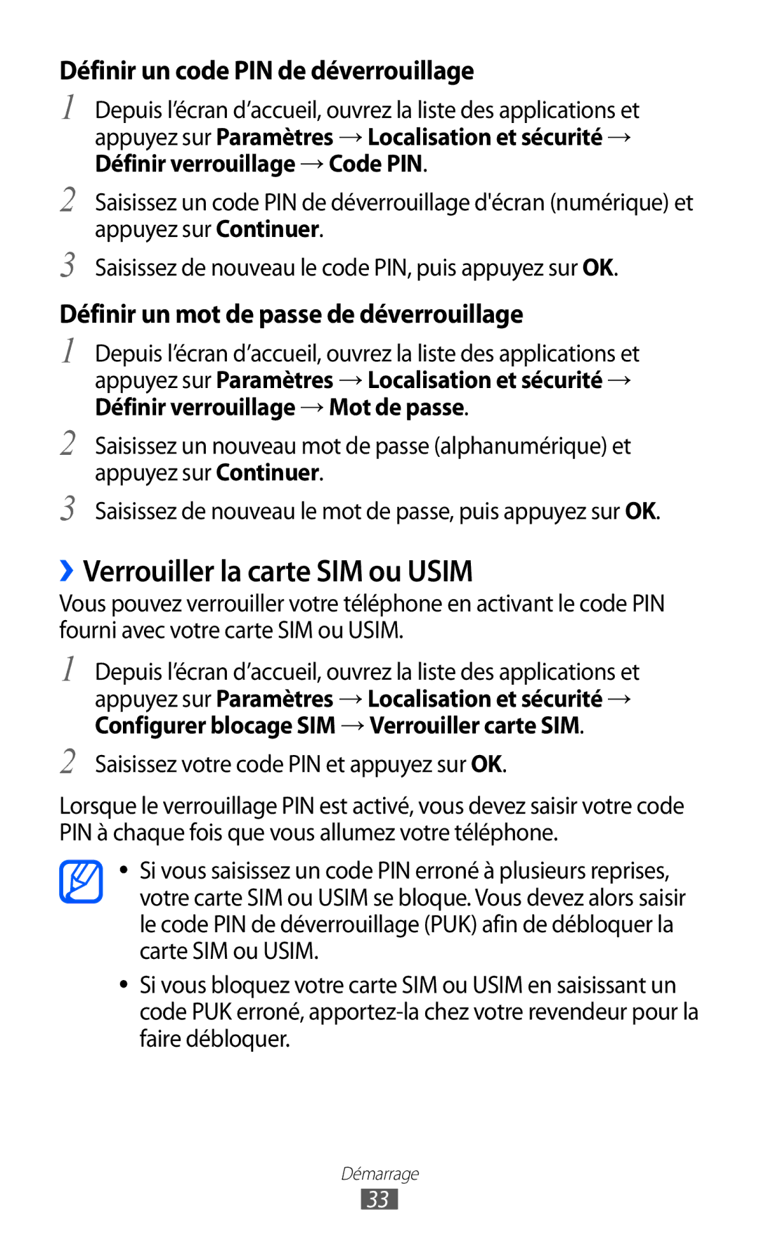 Samsung GT-I9100LKGXEF, GT-I9100RWGXEF manual ››Verrouiller la carte SIM ou Usim, Saisissez votre code PIN et appuyez sur OK 