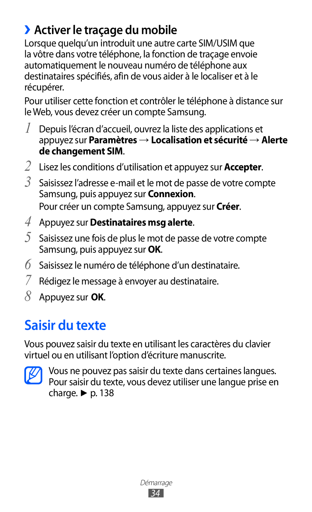 Samsung GT-I9100RWGXEF Saisir du texte, ››Activer le traçage du mobile, Pour créer un compte Samsung, appuyez sur Créer 