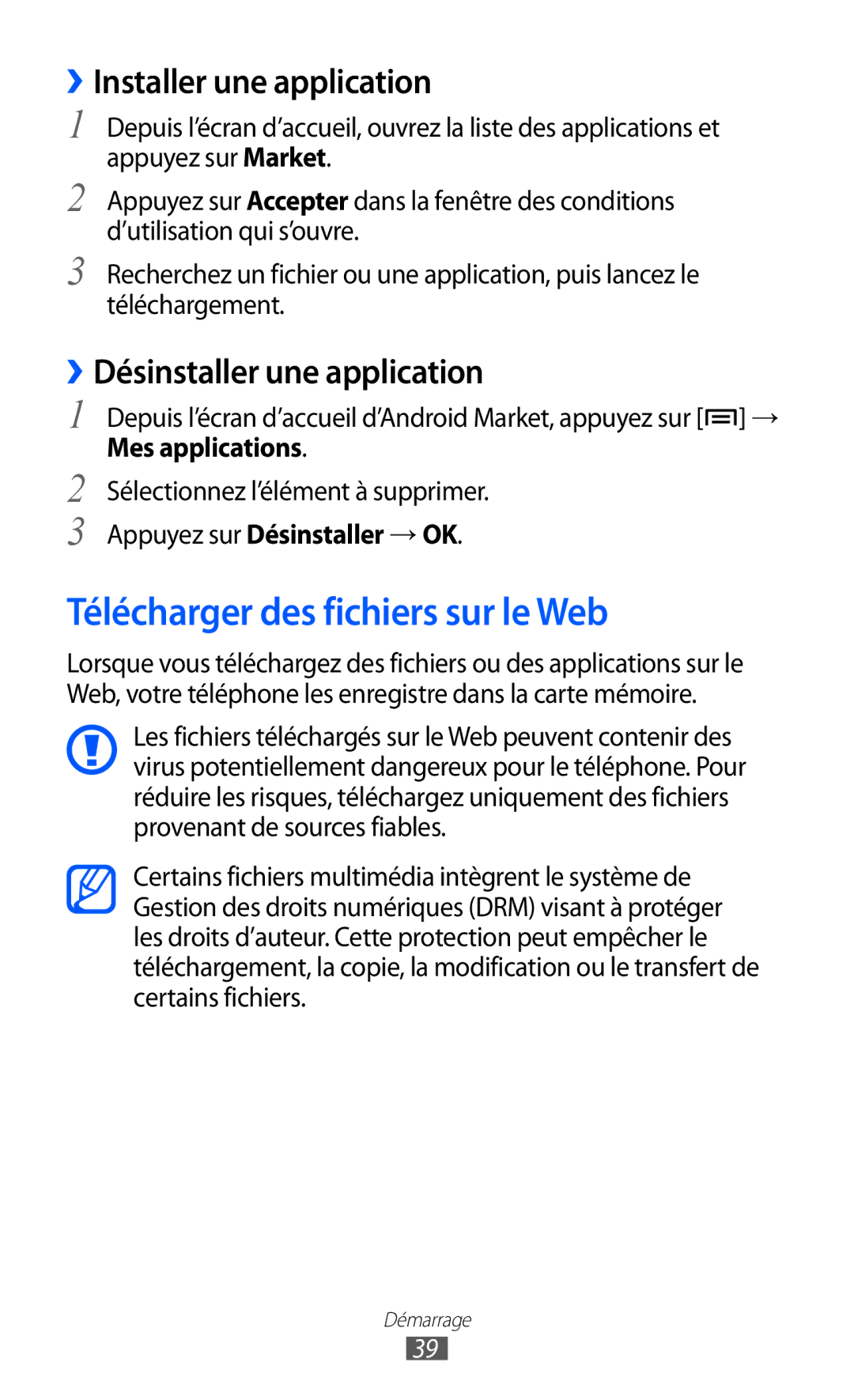 Samsung GT-I9100LKGXEF Télécharger des fichiers sur le Web, ››Installer une application, ››Désinstaller une application 