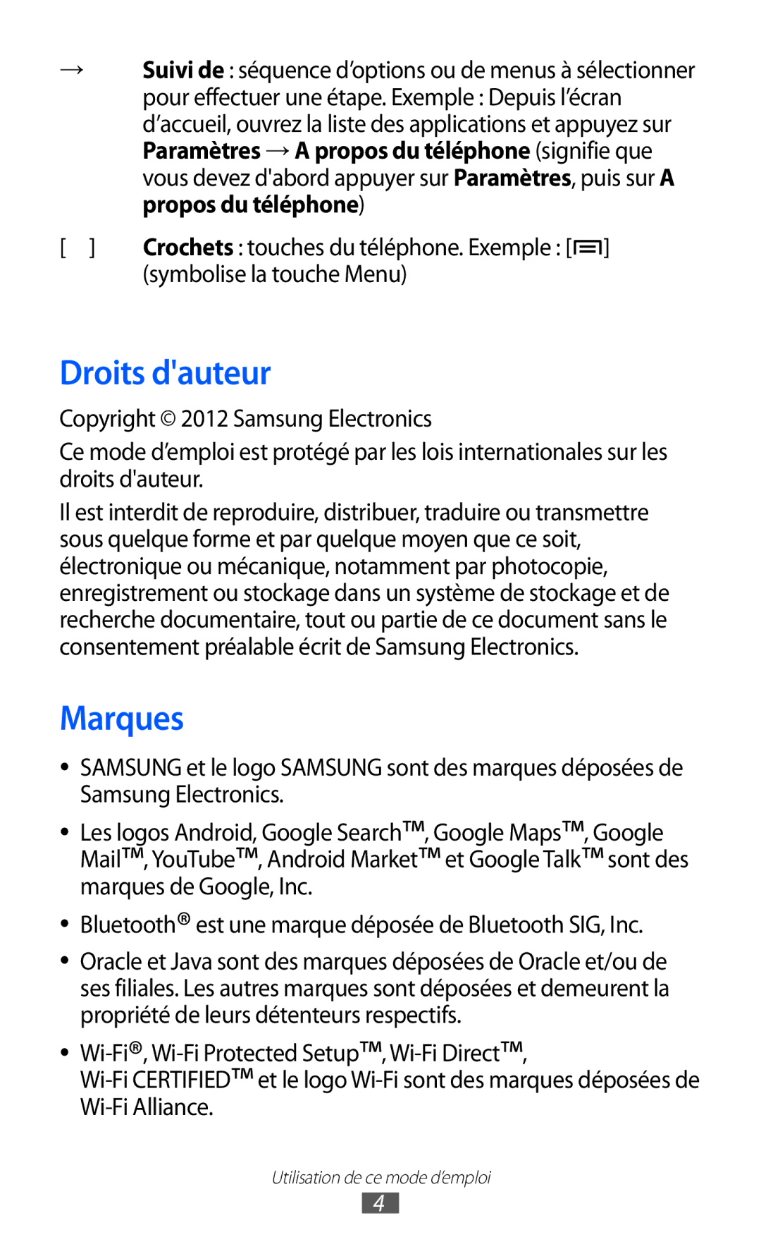 Samsung GT-I9100RWGXEF, GT-I9100LKGXEF, GT-I9100OIGXEF manual Droits dauteur, Marques, Symbolise la touche Menu 