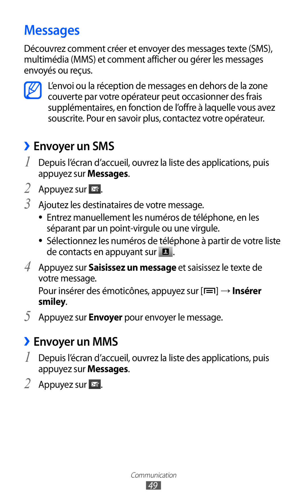 Samsung GT-I9100RWGXEF, GT-I9100LKGXEF, GT-I9100OIGXEF manual Messages, ››Envoyer un SMS, ››Envoyer un MMS 