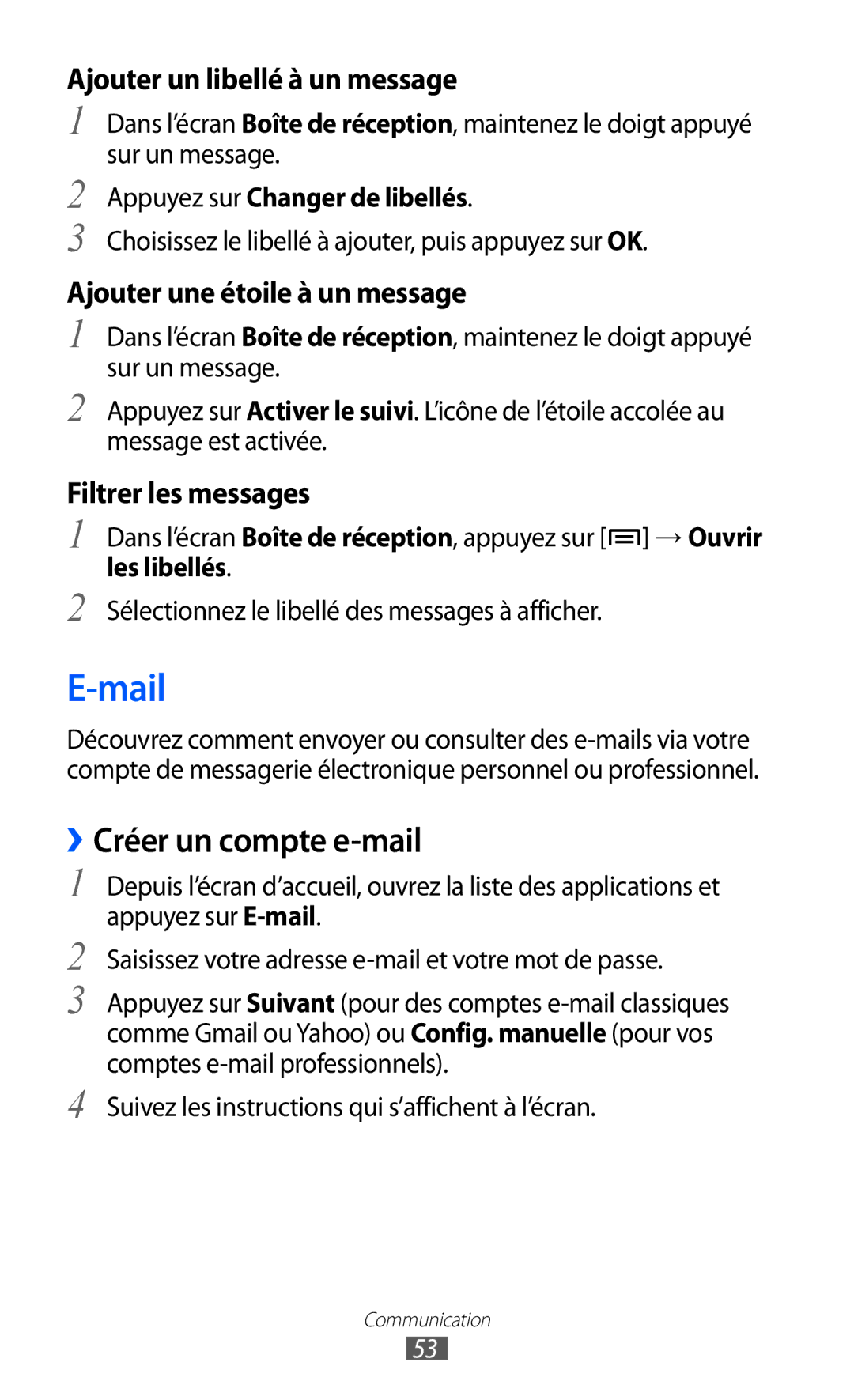 Samsung GT-I9100OIGXEF, GT-I9100LKGXEF manual Mail, ››Créer un compte e-mail, Appuyez sur Changer de libellés, Les libellés 
