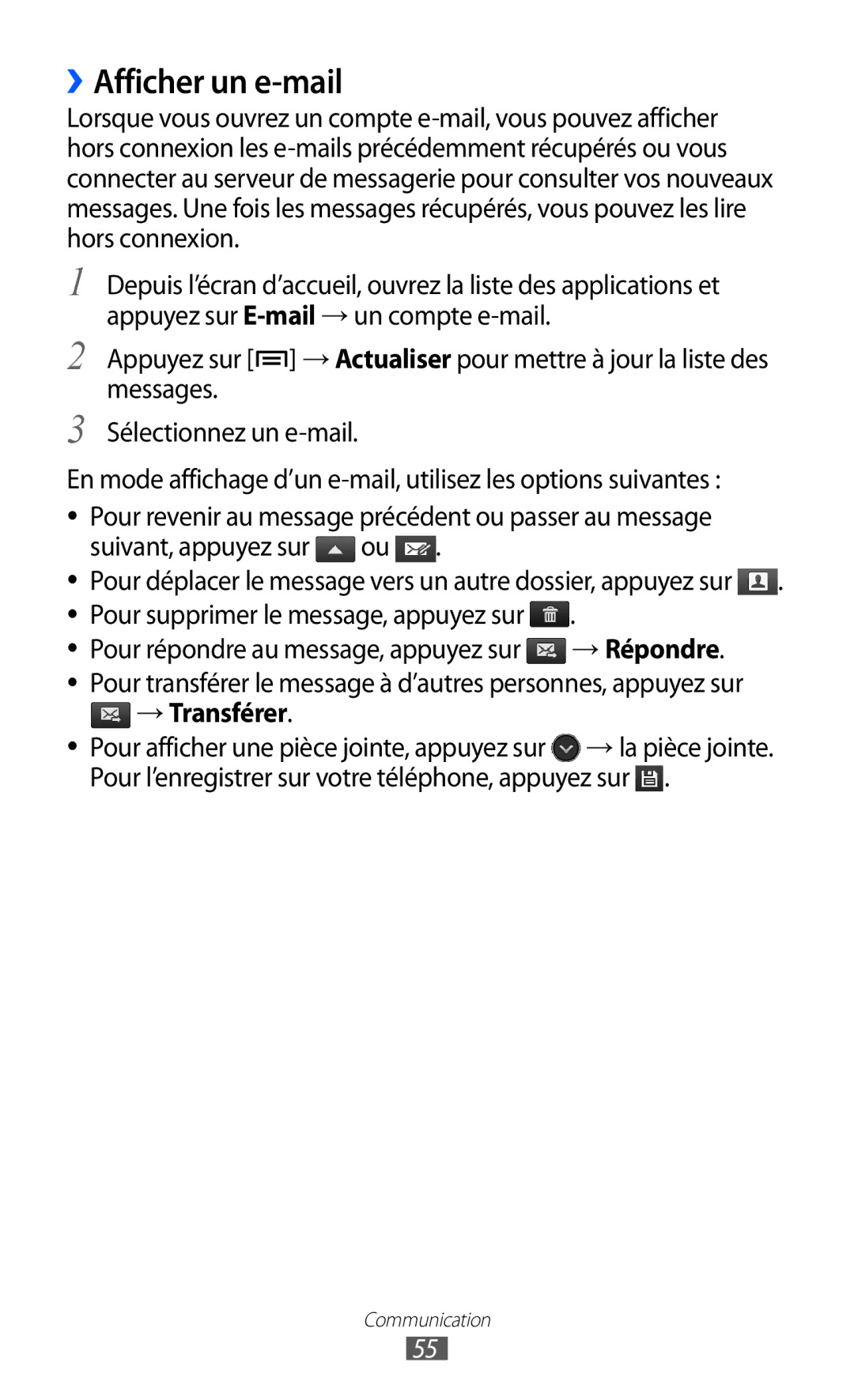 Samsung GT-I9100RWGXEF, GT-I9100LKGXEF, GT-I9100OIGXEF manual ››Afficher un e-mail, → Transférer 