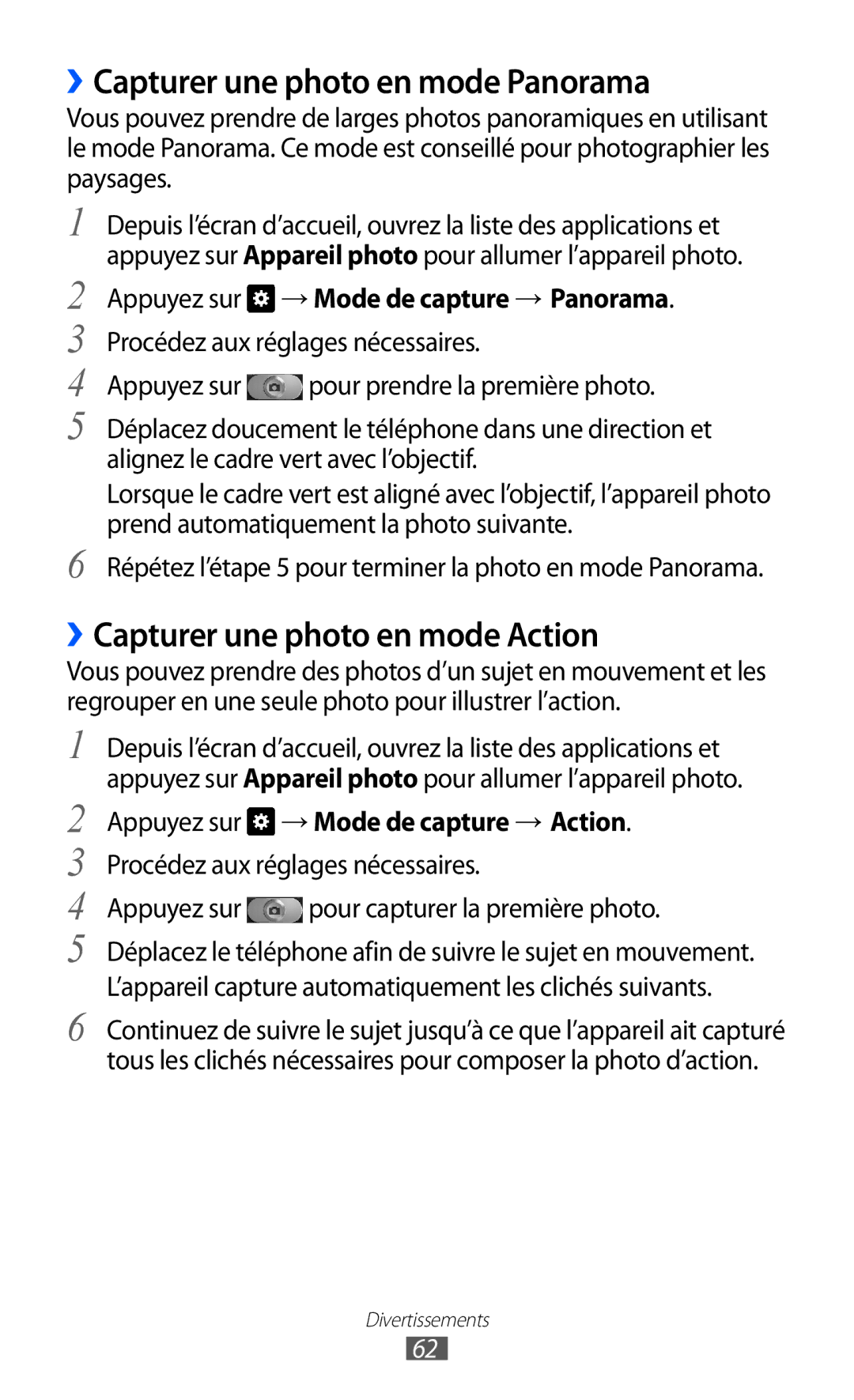 Samsung GT-I9100OIGXEF, GT-I9100LKGXEF manual ››Capturer une photo en mode Panorama, ››Capturer une photo en mode Action 