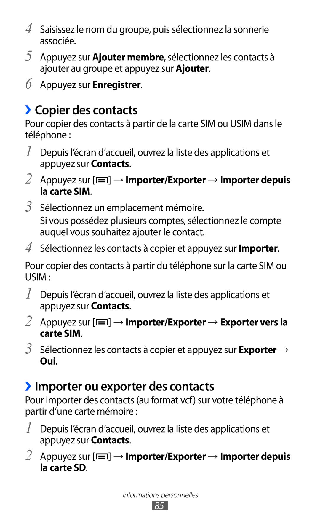 Samsung GT-I9100RWGXEF, GT-I9100LKGXEF, GT-I9100OIGXEF manual ››Copier des contacts, ››Importer ou exporter des contacts 