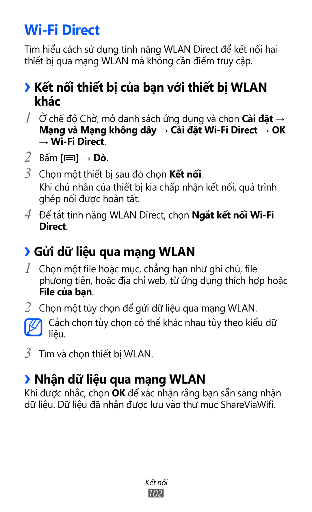 Samsung GT-I9100RWGXXV manual Wi-Fi Direct, ››Kết nối thiết bị của bạn với thiết bị Wlan khác, ››Gửi dữ liệu qua mạng Wlan 