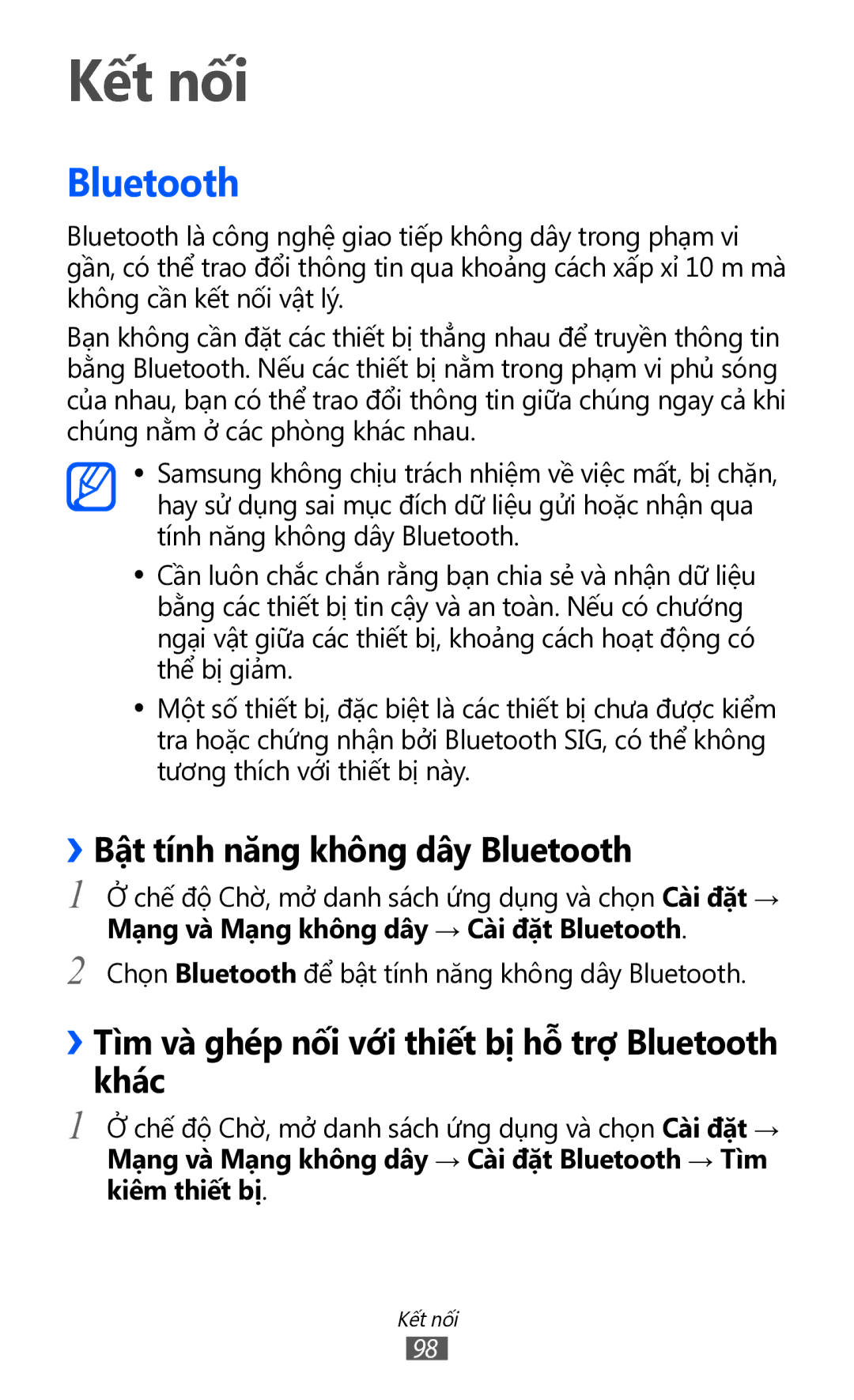 Samsung GT-I9100RWGXXV, GT-I9100LKGXXV, GT-I9100RWGXEV, GT-I9100LKGXEV manual Kết nối, ››Bật tính năng không dây Bluetooth 