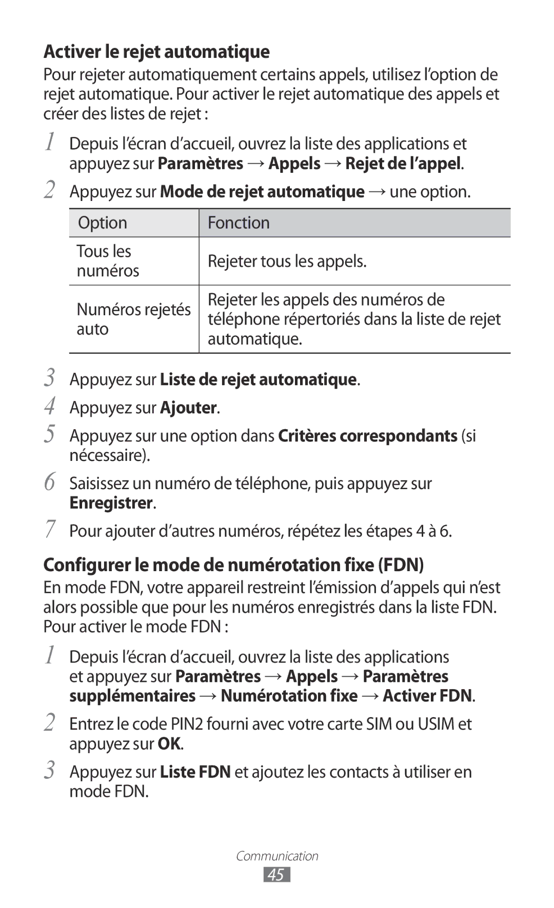 Samsung GT-I9100SWNNRJ manual Appuyez sur Mode de rejet automatique → une option, Appuyez sur Liste de rejet automatique 