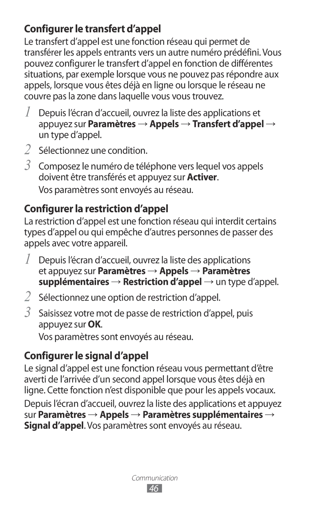 Samsung GT-I9100SWNFTM, GT-I9100LKNFTM manual Configurer le transfert d’appel, Vos paramètres sont envoyés au réseau 