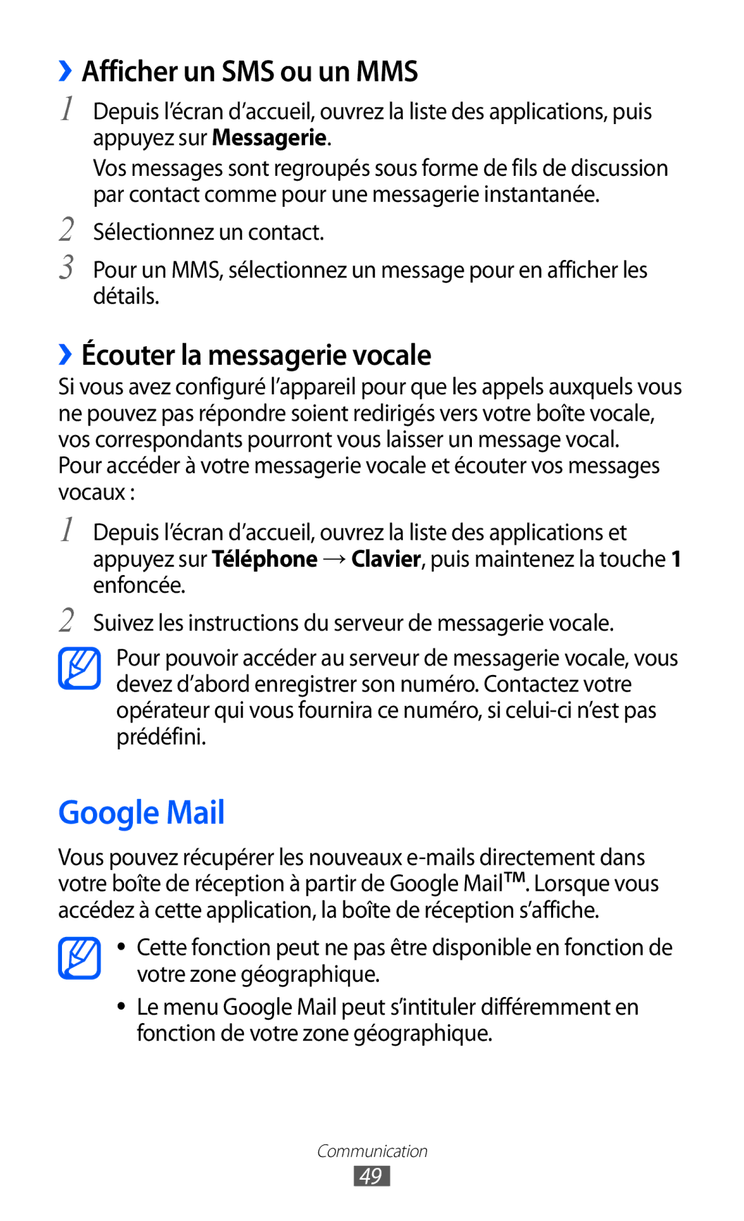 Samsung GT-I9100ZWNSFR, GT-I9100LKNFTM manual Google Mail, ››Afficher un SMS ou un MMS, ››Écouter la messagerie vocale 