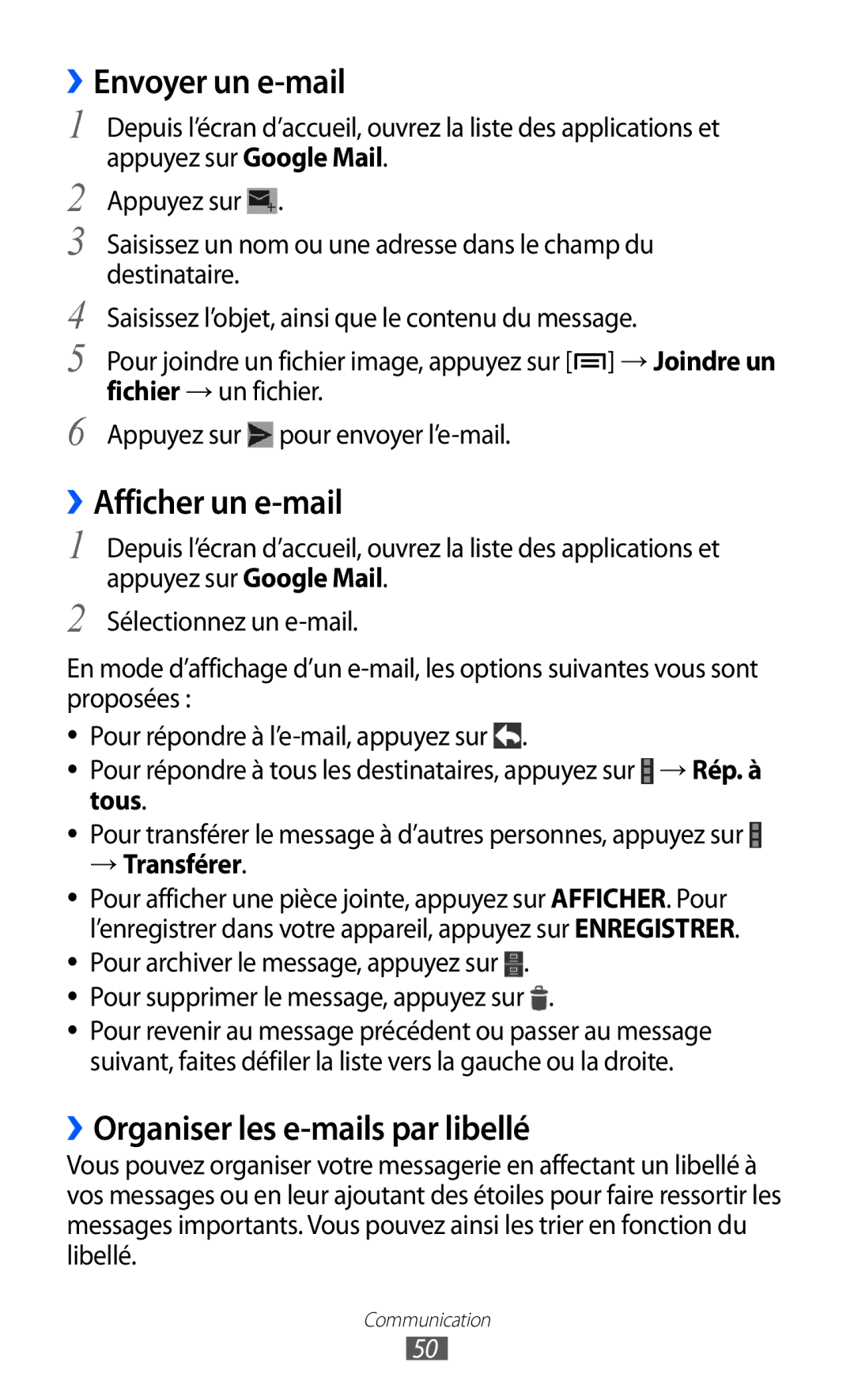 Samsung GT-I9100LKNSFR manual ››Envoyer un e-mail, ››Afficher un e-mail, ››Organiser les e-mails par libellé, → Transférer 