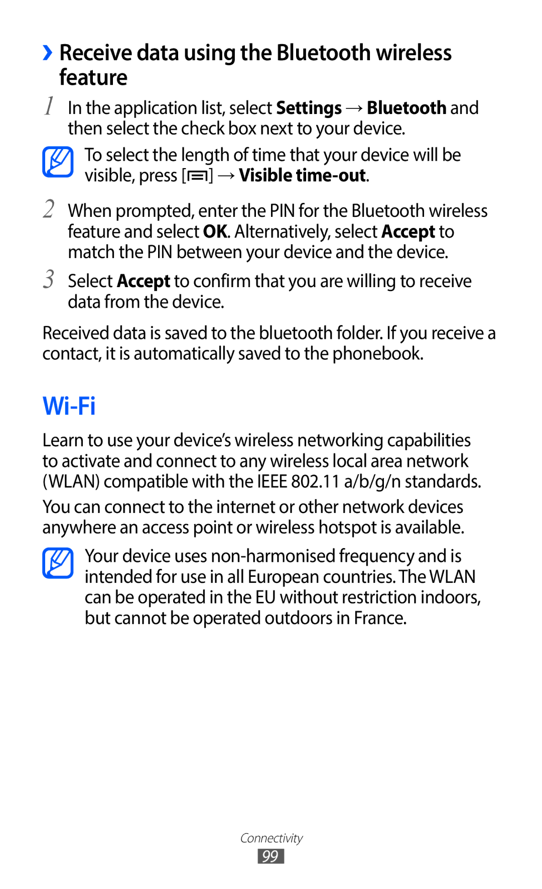 Samsung GT-I9100LKNBOG, GT-I9100LKNFTM, GT-I9100RWNLPM manual Wi-Fi, ››Receive data using the Bluetooth wireless feature 