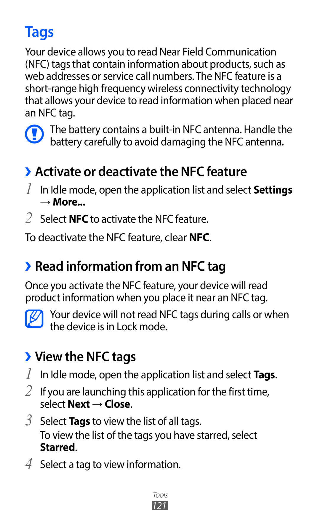 Samsung GT-I9100RWNBOG manual Tags, ››Activate or deactivate the NFC feature, ››Read information from an NFC tag, → More 